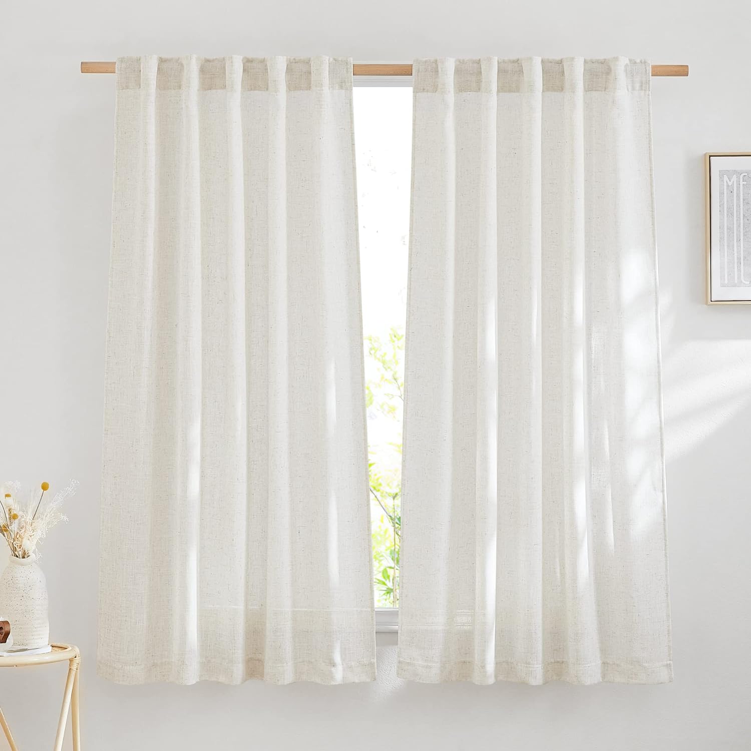 NICETOWN Bedroom Curtains Natural Linen Burlap, Rustic Rod Pocket & Back Tab Semi Sheer Flax Linen Weve Drapes Privacy with Light Filtering Window Treatmentes for Nursery, W42 x L63, Set of 2 W42 x L63 Linen
