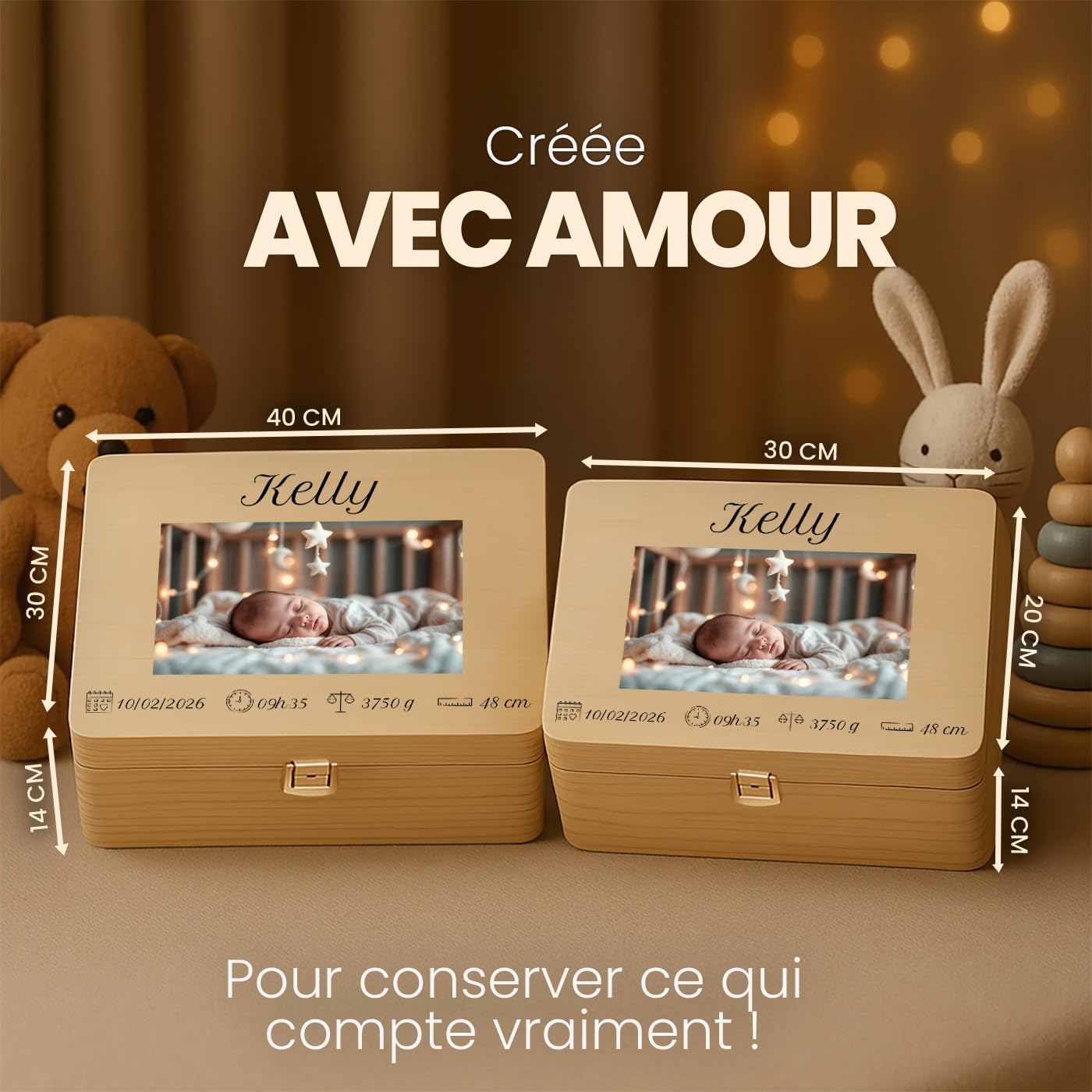 Maverton Boite Souvenir Bebe Personnalisable - Cadeau Naissance Personnalisé - L/XL Boite de Rangement avec Couvercle en Bois de Pin Naturel - Cadeau Noel - Cadeau Anniversaire Enfant Personnalisé