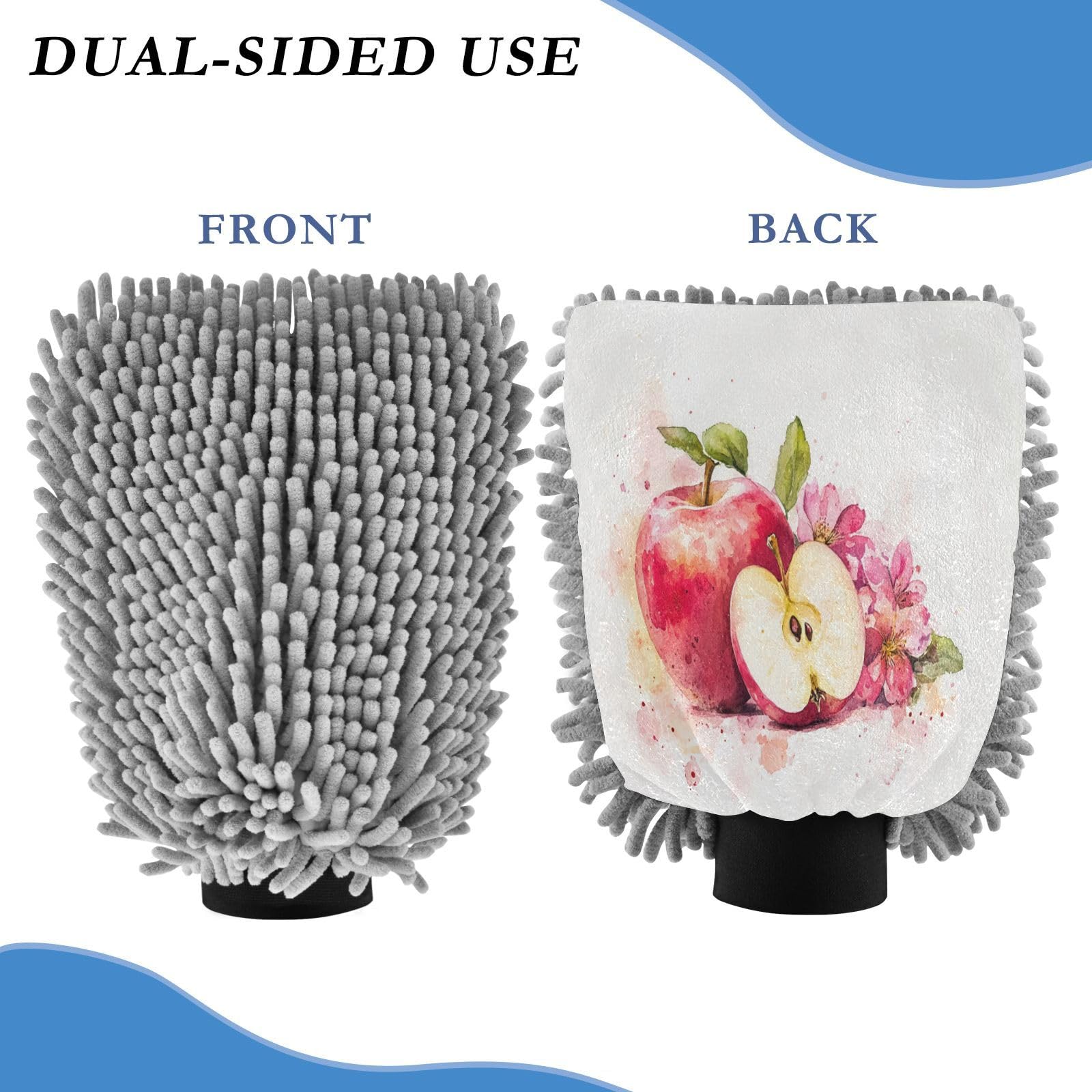 STAYTOP Watercolor Apples Pattern Car Wash Mitt Microfiber, 2Pcs Scratch Free Lint-Free, Premium Chenille Microfiber Mitt Car Wash Brush-M