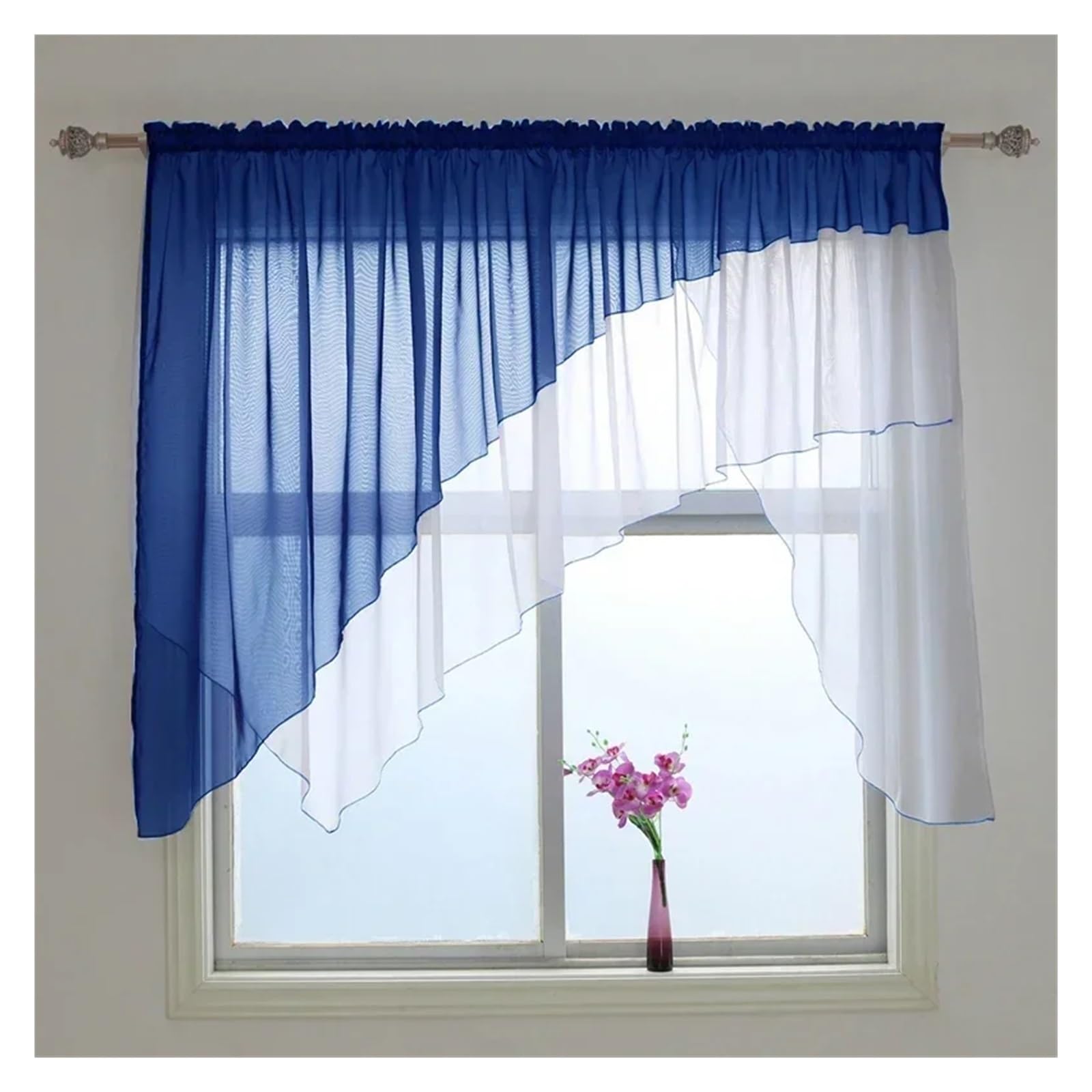 Bistrogardine Unregelmäßige abgeschrägte Kante Wohnzimmer Vorhänge Kurz Transparent Küche Balkon Fenster Vorhang 1 PCS(Dark Blue,Rod-Pocket_W200CM X H100CM)