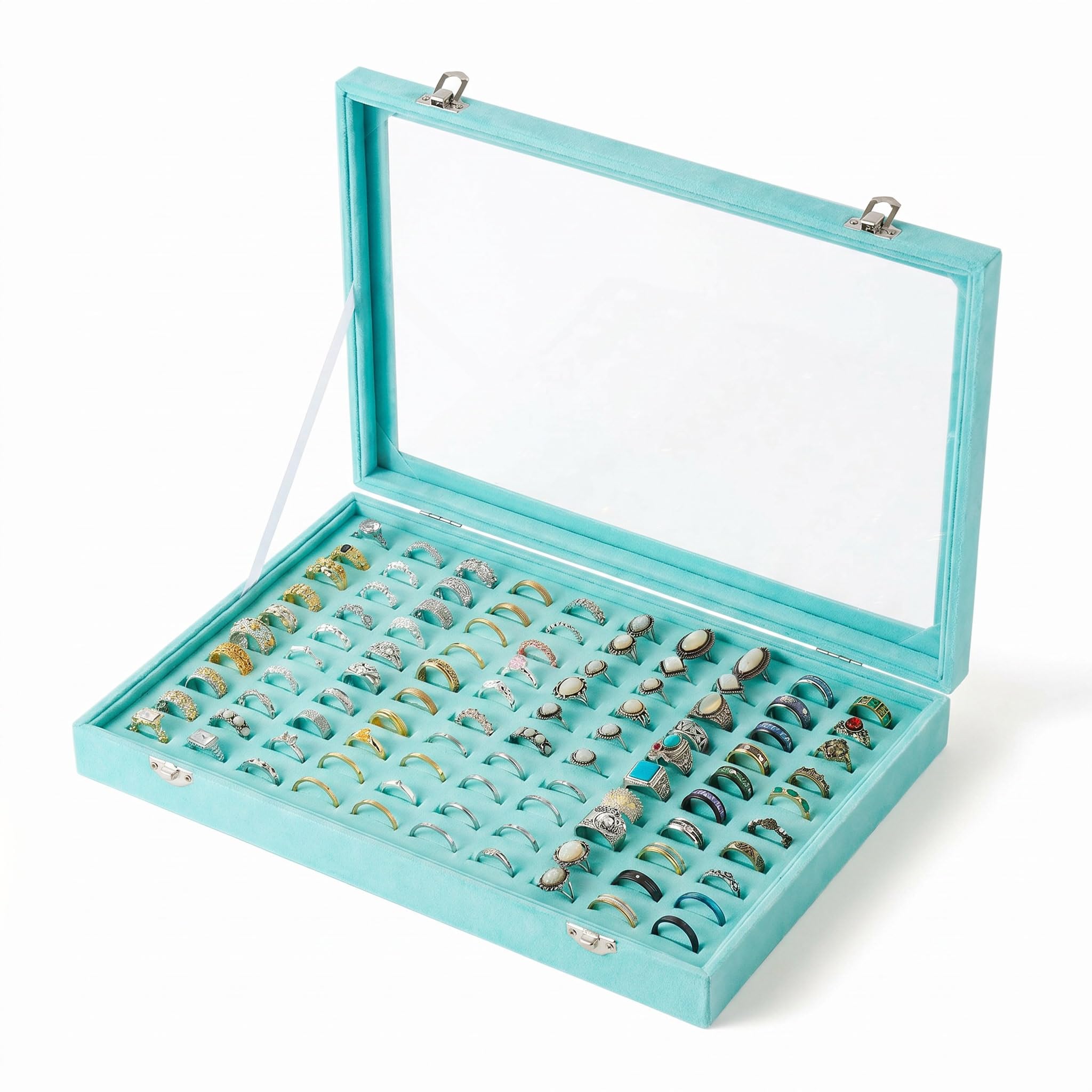 Frebeauty Women's Turquoise Ring Organiser Tray 100 Slots Ring Holder With Clear Lid Velvet Ring Storage Box Ring Tray For Jewellery Store Ring Display Case For Jewellery Show Ring Box For (Turquoise)