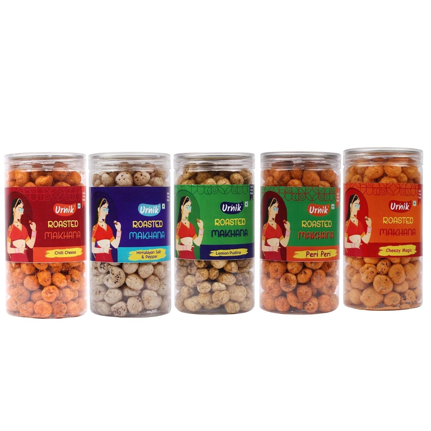 Urnik Roasted & Flavoured Makhana Assorted Flavours - Chilli Cheese, Cheezy Magic, Lemon Pudina, Salt & Pepper & Peri Peri | Healthy Snack | Gluten-Free | High Protein | 80g (Pack of 5)-image-11