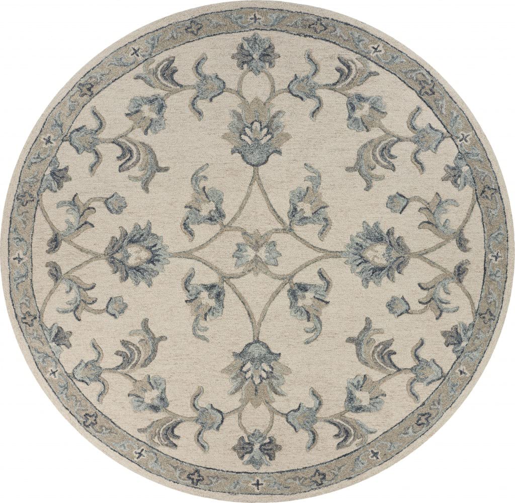 5 ft. Round Filigree Area Rug - Beige & Blue