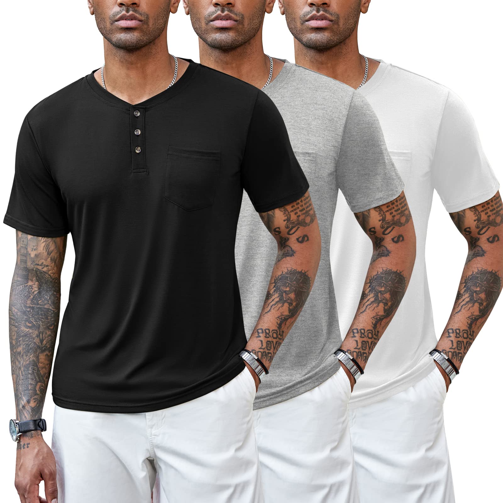 COOFANDY Herren T-Shirt Henley Kurzarm Shirt 3er Pack mit Brusttasche Männer Sommer Oberteile Basic Tops