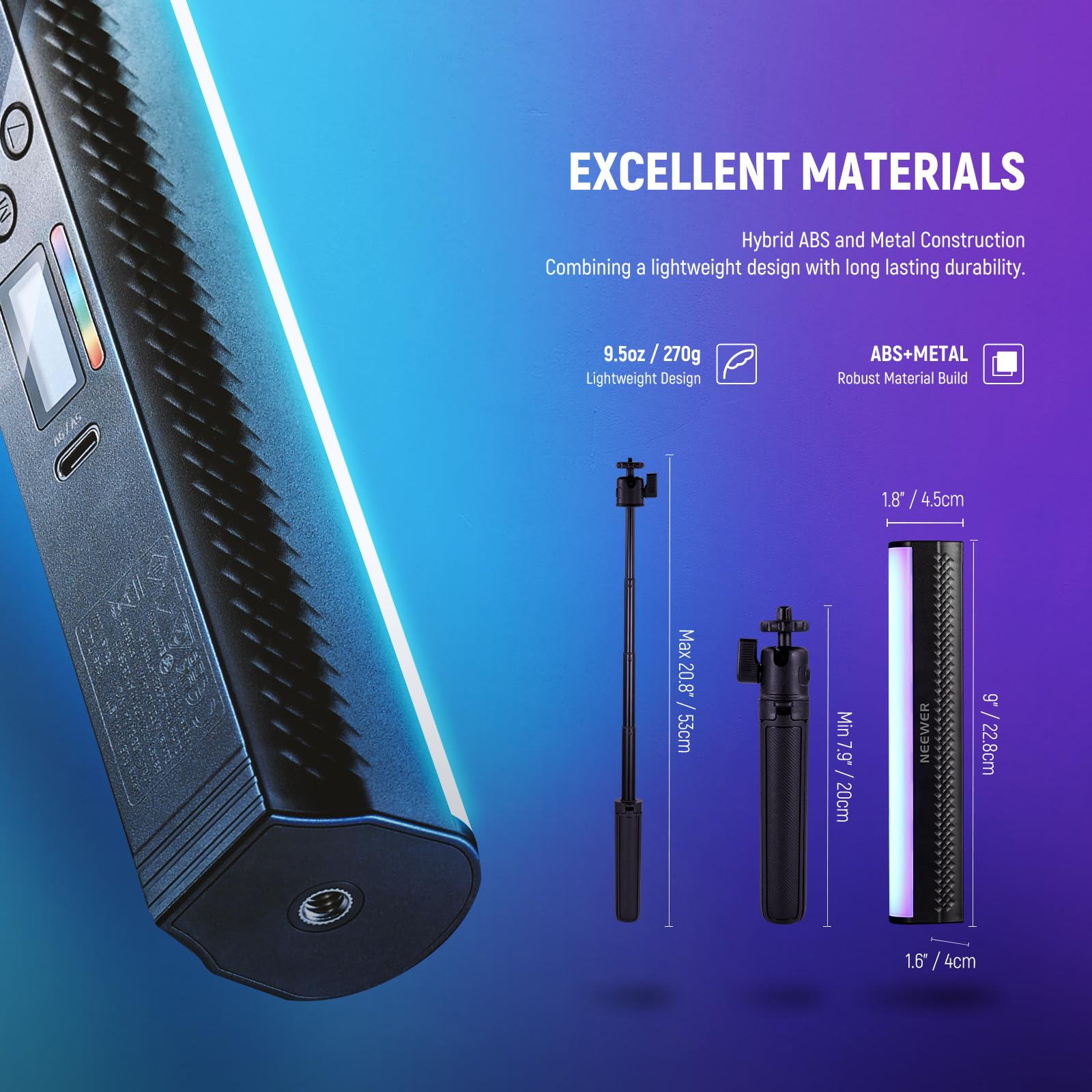 NEEWER Stick LED RGB avec Trépied de Bureau, Contrôle APP, Magnétique pour Photo Vidéo, 2500K-8500K Réglable IRC95+, Tube LED Portable 2550mAh, 17 Effets de Scène pour Vlog TikTok, TL21C