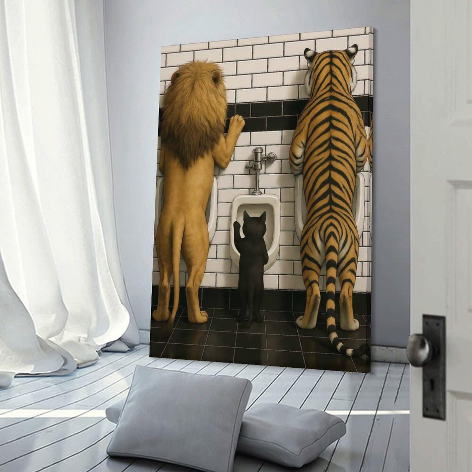 Junmoney Frame-Style-19 Lion, Tiger, And Cat At Toilet Wall Decor Canvas Print, 08X12inch(20X30cm), For Flats, Guest Rooms Or Compact Rooms, A Simple Refresh For Blank Walls