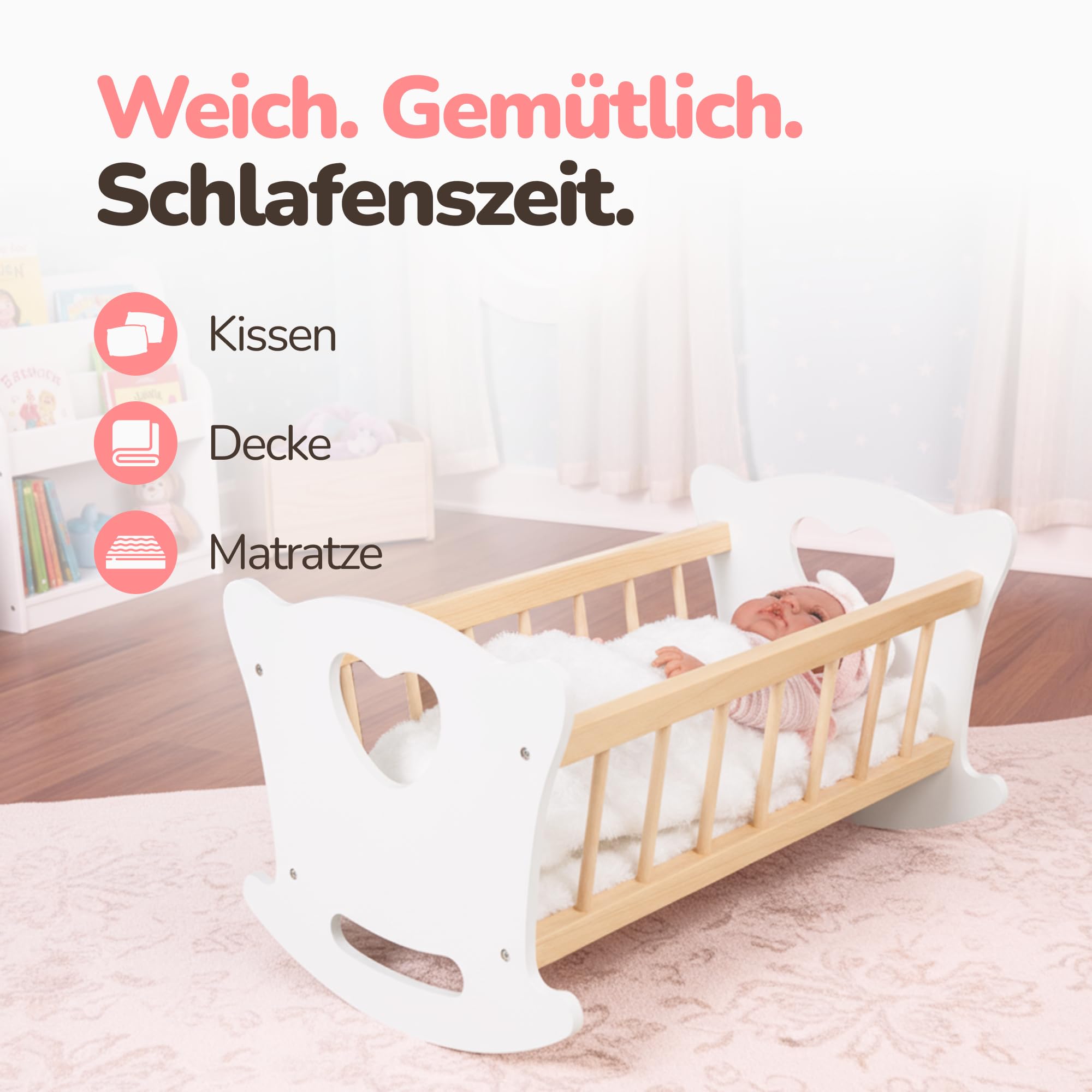 Kinderplay Łóżeczko dla Lalki, Kołyska dla lalki – Zestaw Kołyska plus Kołderka, Poduszeczka oraz Prześcieradło, dla laki o max. długości 49.5 cm., model GS2105 (GS2105)