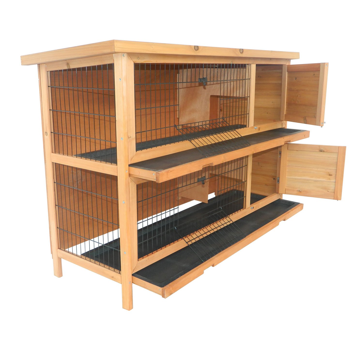PawHut Conejera Madera de Exterior Jaula para Conejo 2 Niveles Bandeja Extraíble Estructura de Malla Metálica Puertas con Pestillos Resistente al Agua 136.4x50x93 cm