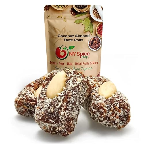 NY Spice Shop Dátiles de coco seco - Rollos de dátiles de coco y almendras de 1 libra - Dátiles secos de almendras de fruta dulce - Dátiles frescos