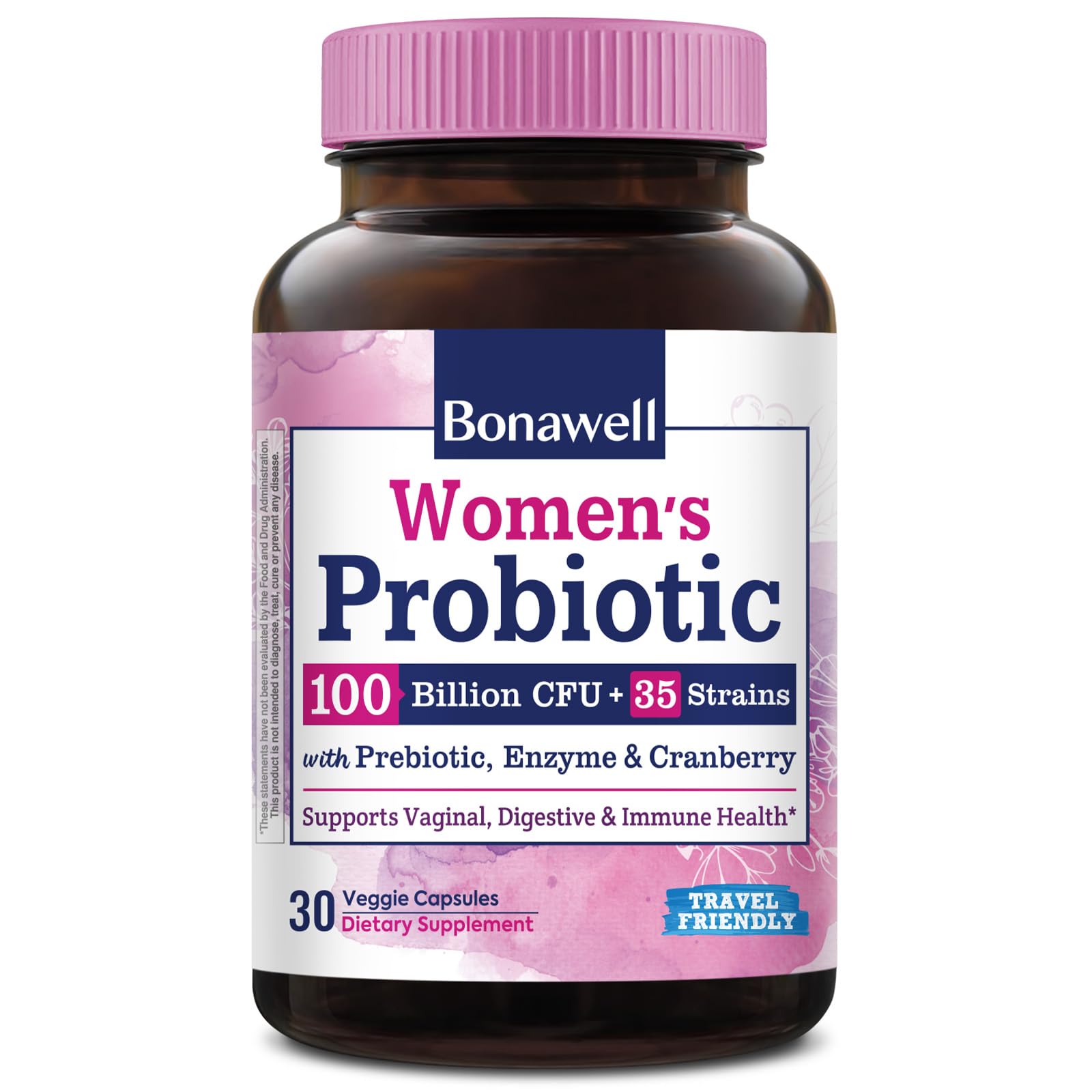 Bonawell Probiotics for Women 100B, with Organic Prebiotic, Cranberry for Feminine Health, Digestion & Immunity, Shelf-Stable, Delayed-Release, 30 Veggie Caps