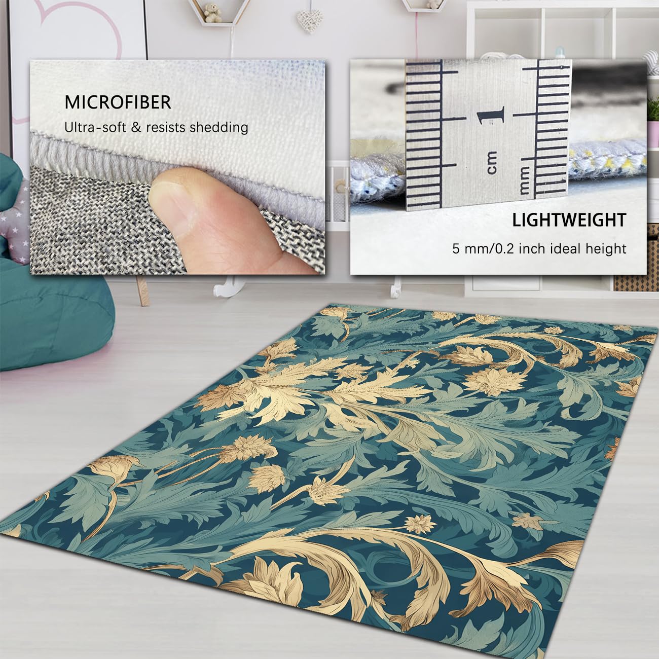 Tappeto 100x150 lavabile Tappetino da nursery vintage blu floreali per soggiorno teal botanico a voluta camera letto Moquette antiscivolo ultrasottile la sala giochi pranzo della