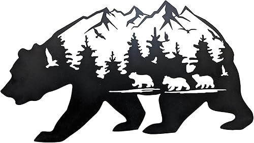 Arte de pared de oso de metal, mamá oso y cachorros, familia de osos en montaña, vista escénica, decoración para colgar en la pared, decoración