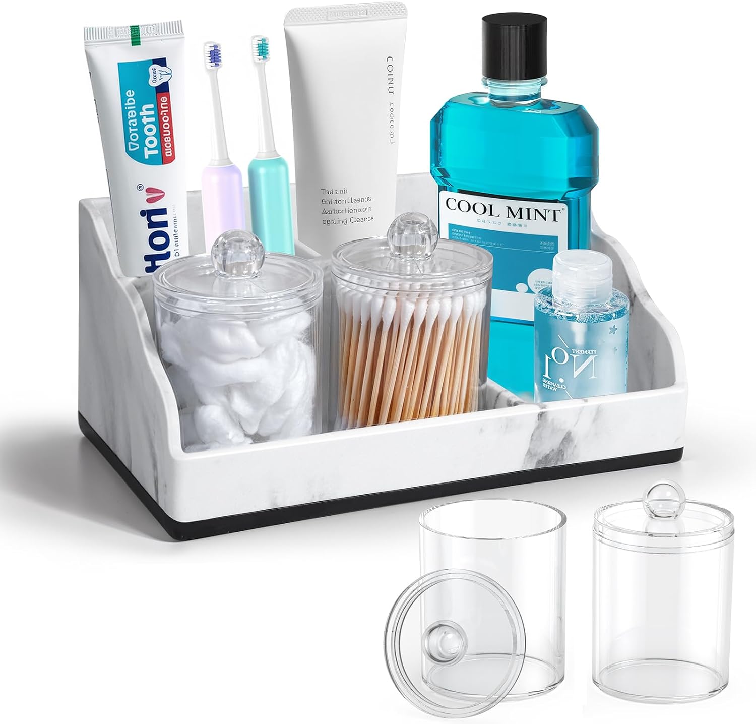 Marble Bathroom Countertop Organizer, Toothbrush Holders for Bathroom with 2PCS Qtip Holder Dispenser and Toothpaste Holder Drainage for Bathroom Accessories Organization Counter Vanity Storage