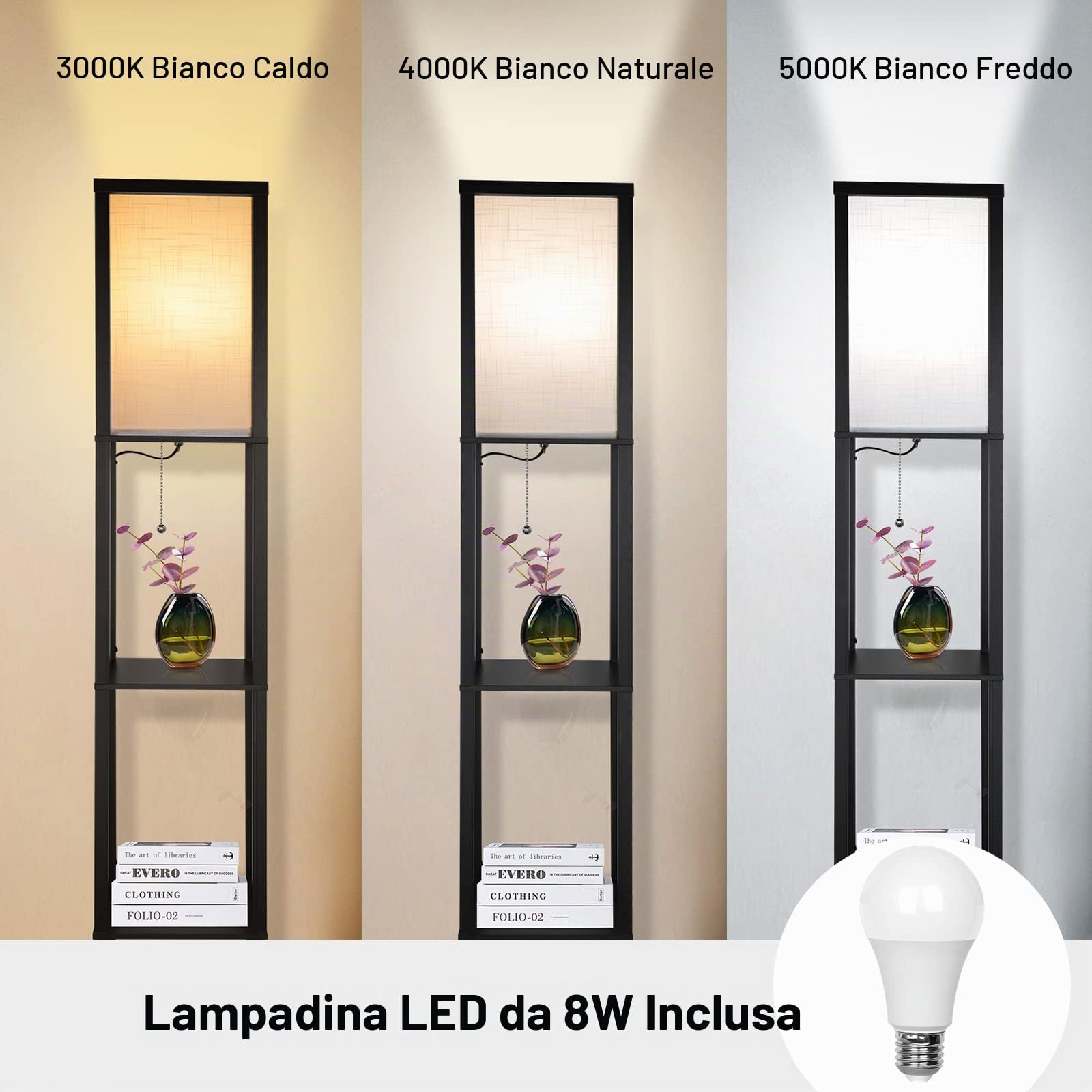 LED Lampada da Terra in Legno, 1.62 m Lampada a Stelo con 3 Ripiani (con 3000K-5000K E27 Lampadina) Retrò 3 Temperature di Colore Lampada da Comodino con Paralumi per Soggiorno Camera da Letto Uffici