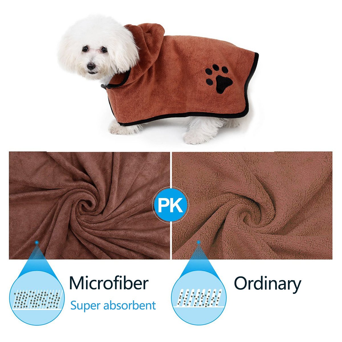 PETCUTE Peignoir de Bain Chien Super Absorbante en Microfibre,Peignoir pour Chien Lavable avec Capuchon et Sangle,Serviette de Bain pour Chien Séchage Rapide,pour la Pluie,la Douche,Caffe,L