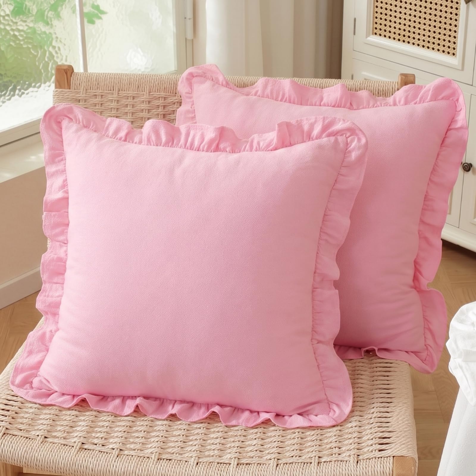 HOSTECCO Pack of 2 Blush Pink Ruffle Cushion Covers 45x45 cm, Solid Colour Decorative Pillow Covers, Romantic Style Frill Edge Decor for Girls Room — image 1