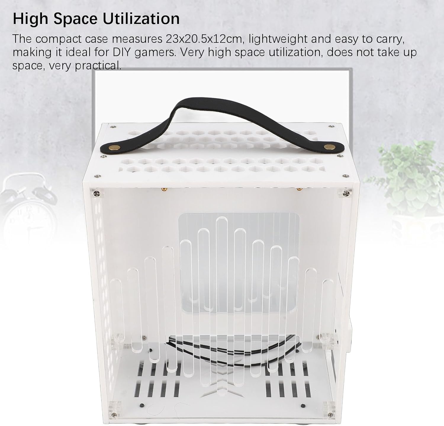 ASHATA Mini ITX PC Case, 23x20.5x12cm Compact Clear Acrylic Computer Case for ITX Motherboard with 360 Degree Open Hollow Design, for Flex Power Supply and 190mm Graphics Card (White)