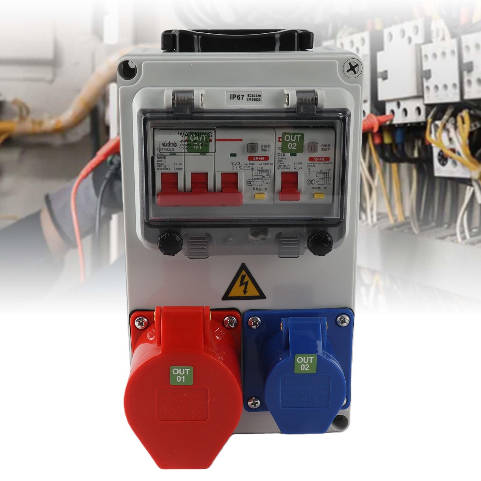 AUNMAS Caja de Enchufe Industrial Caja de Distribución Portátil ABS 250 X 150 X 100 Mm Toma de Disyuntor IP54 para Uso de Energía en Exteriores en Sitios de Construcción, Talleres y Fábricas