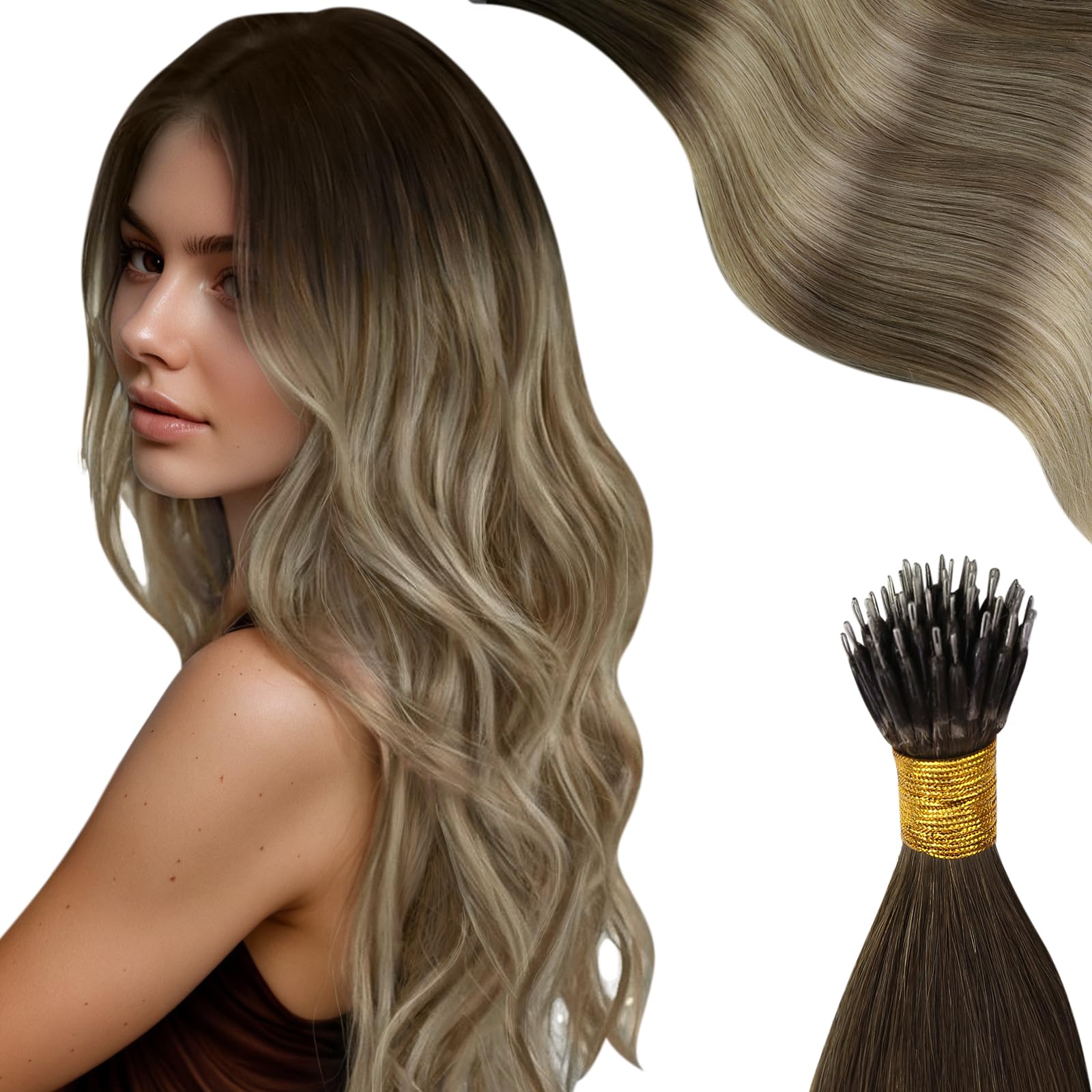 Moresoo Nano Hair Extensions Real Human Hair 18 Inch Balayage Brown to Blonde Nano Beads Hair Extensions Ombre Brown Reflection Natural Straight Human Hair Add Volume Length 1G/S 50G/Pack #4/10/16