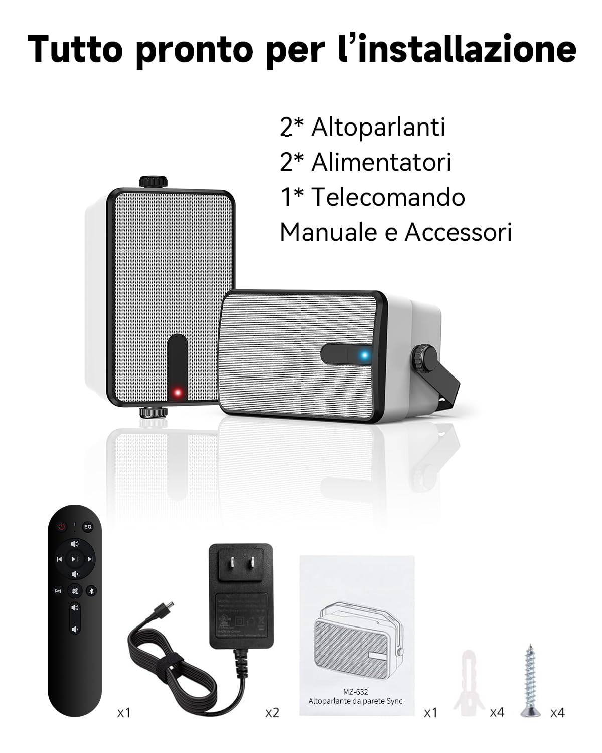 250W Altoparlanti Bluetooth Esterni, Sincronizzazione Wireless tra Altoparlanti, Montaggio a Parete per Patio, Veranda, Gazebo, Garage, Confezione da 2 (MZ-632)