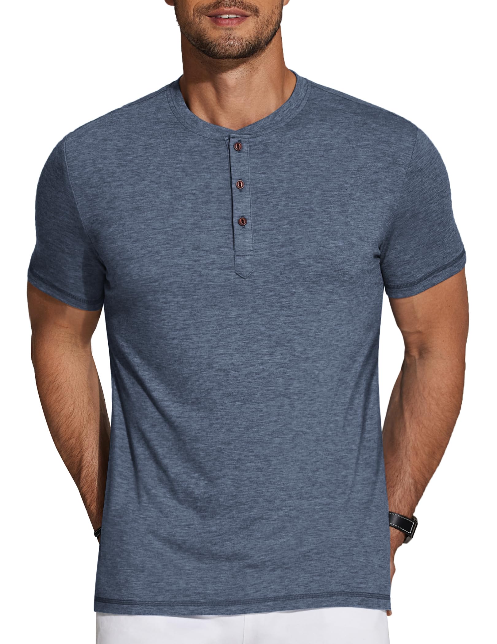 Chahuer Tshirt Fitness da Uomo Gym Sprts Tshirt a Maniche Corte con Collo Henley Slim Fit Tinta