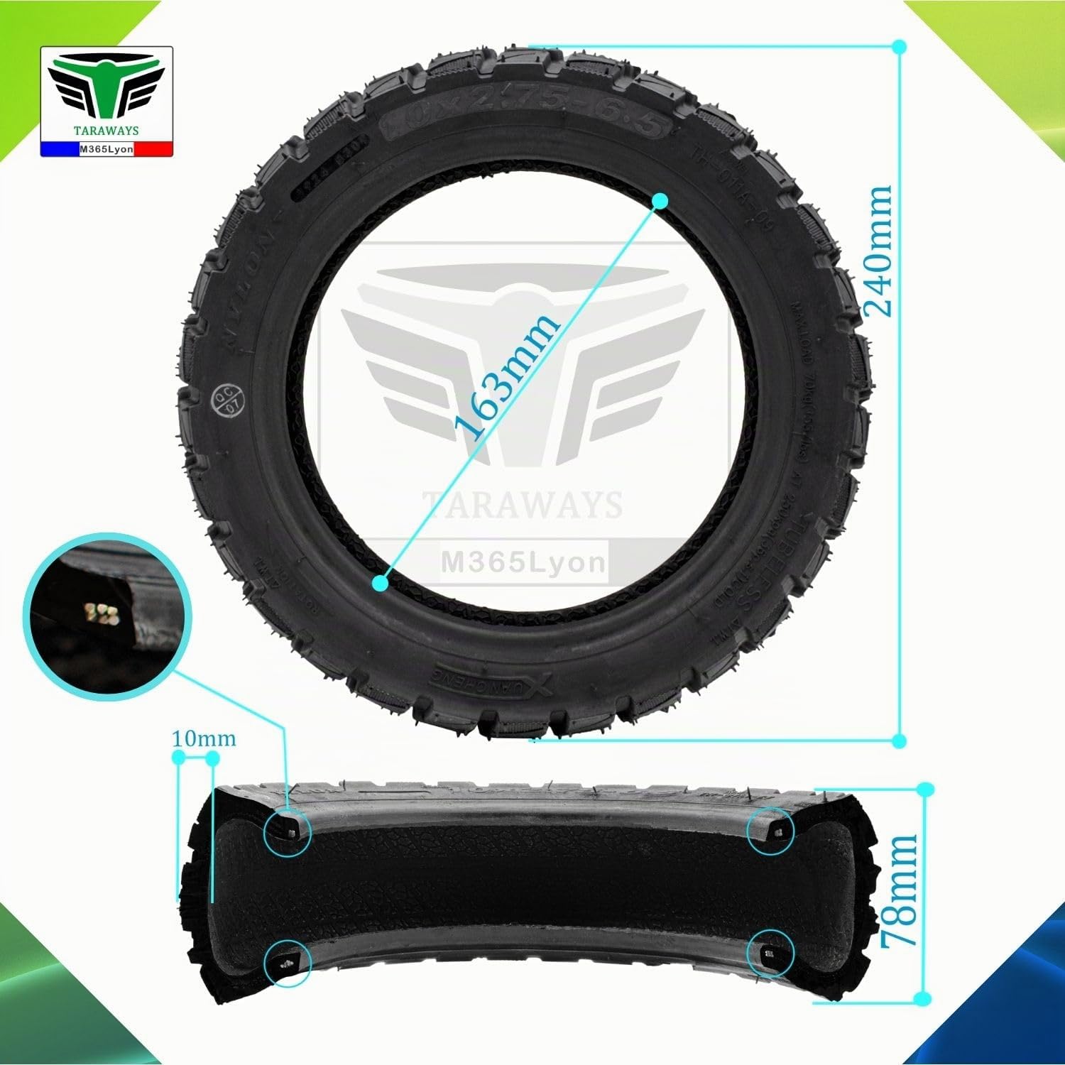 [M365Lyon] Pneumatico Tubeless 10 x 2,75-6,5 pollici per monopattino elettrico UrbanGlide E-CROSS 2 x 2 All Road 5, E-CROSSE MAX, Speedway 5 - Rockway - Crossover - Dualtron 3, Kukirin G2 (1xTire)