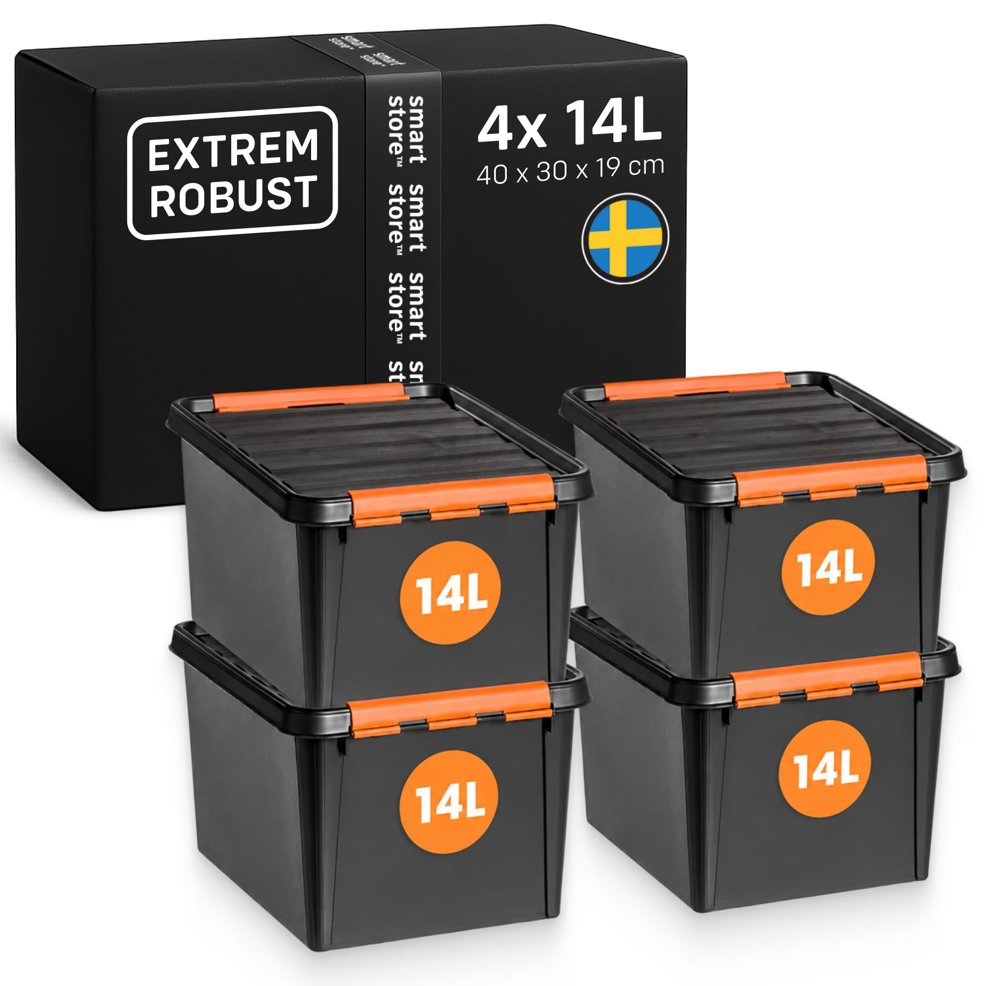SmartStore Extrem robuste Kunststoff-Aufbewahrungsbox mit Deckel I 14 Liter I Für Garage, Regale, Umzug I 4er Set Stapelboxen mit Clipverschluss I Werkzeugaufbewahrung I BPA-frei I 40 x 30 x 19 cm