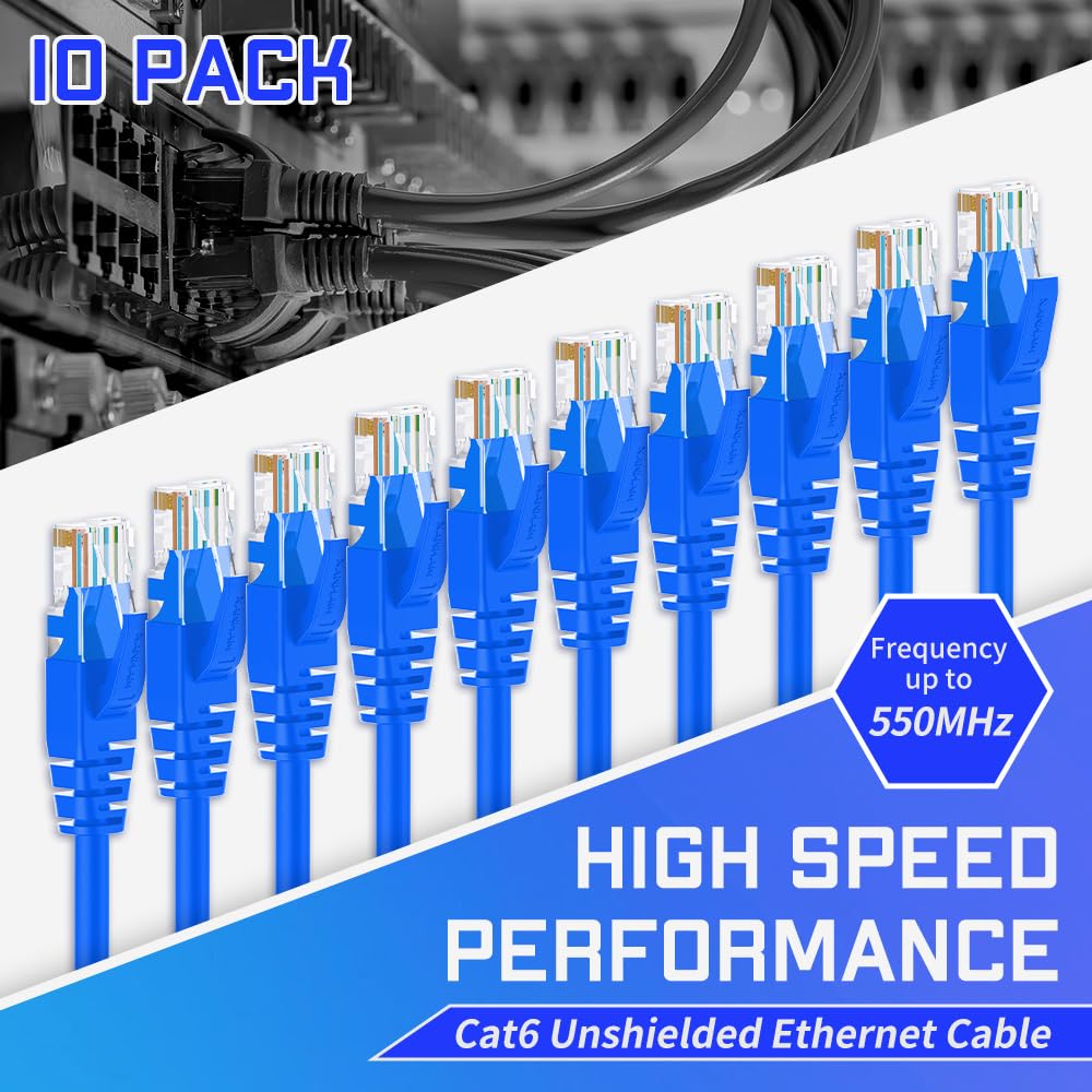 Cavo Ethernet Cat6 da 1,8 m, confezione da 10 cavi di rete RJ45 Cat6 Internet, non schermato, blu