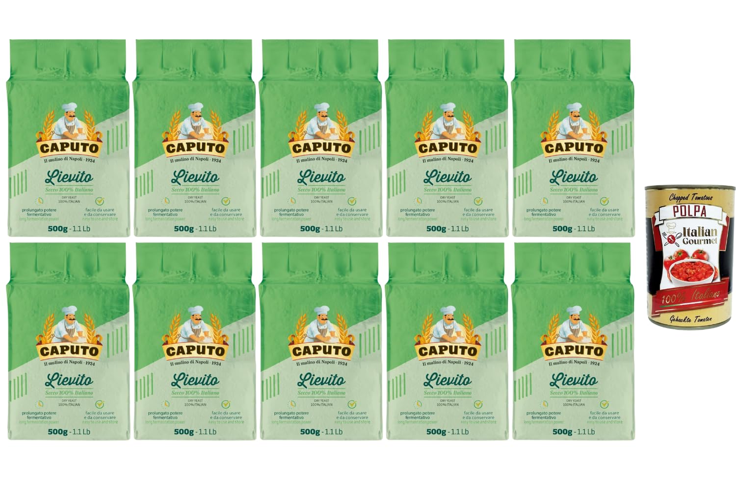 Italian Gourmet Trockenhefe 10 x 500 g (5 kg), 100% italienische Hefe, ideal für Pizza Brot Focaccia, lange Gärkraft, einfach zu dosieren, Vorratspack + Italian Gourmet Polpa