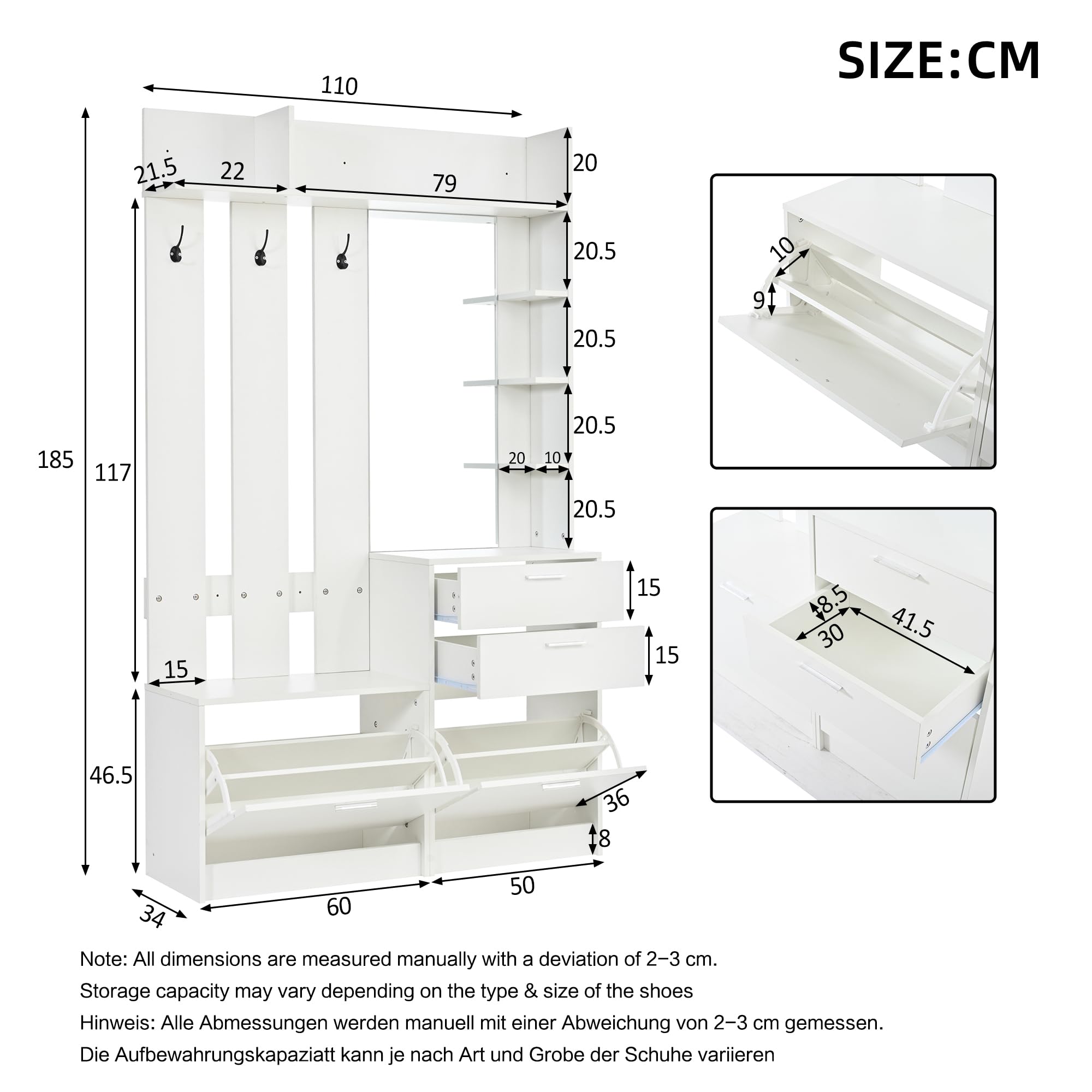 Garderobenset Wandgarderobe, Flurgarderobe Set mit Klapp Schuhschrank und Schuhbank, Flurgarderobe Kompaktgarderobe mit 2 Schubladen, Regalböden und 3 Haken, Flurmöbel Set, Weiß, 110x34x185cm