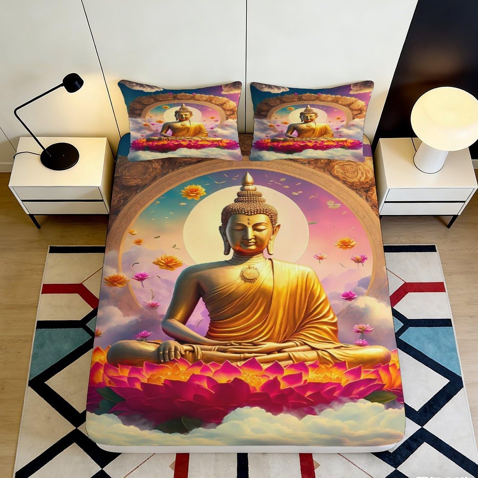 3D Printed Buddha Lotus Fitted Sheet Microfiber Soft Breathable Spiritual Mandala Bed Cover for Bedroom Dormitory Guest Room Mattress Protection Decor 90x200x25cm