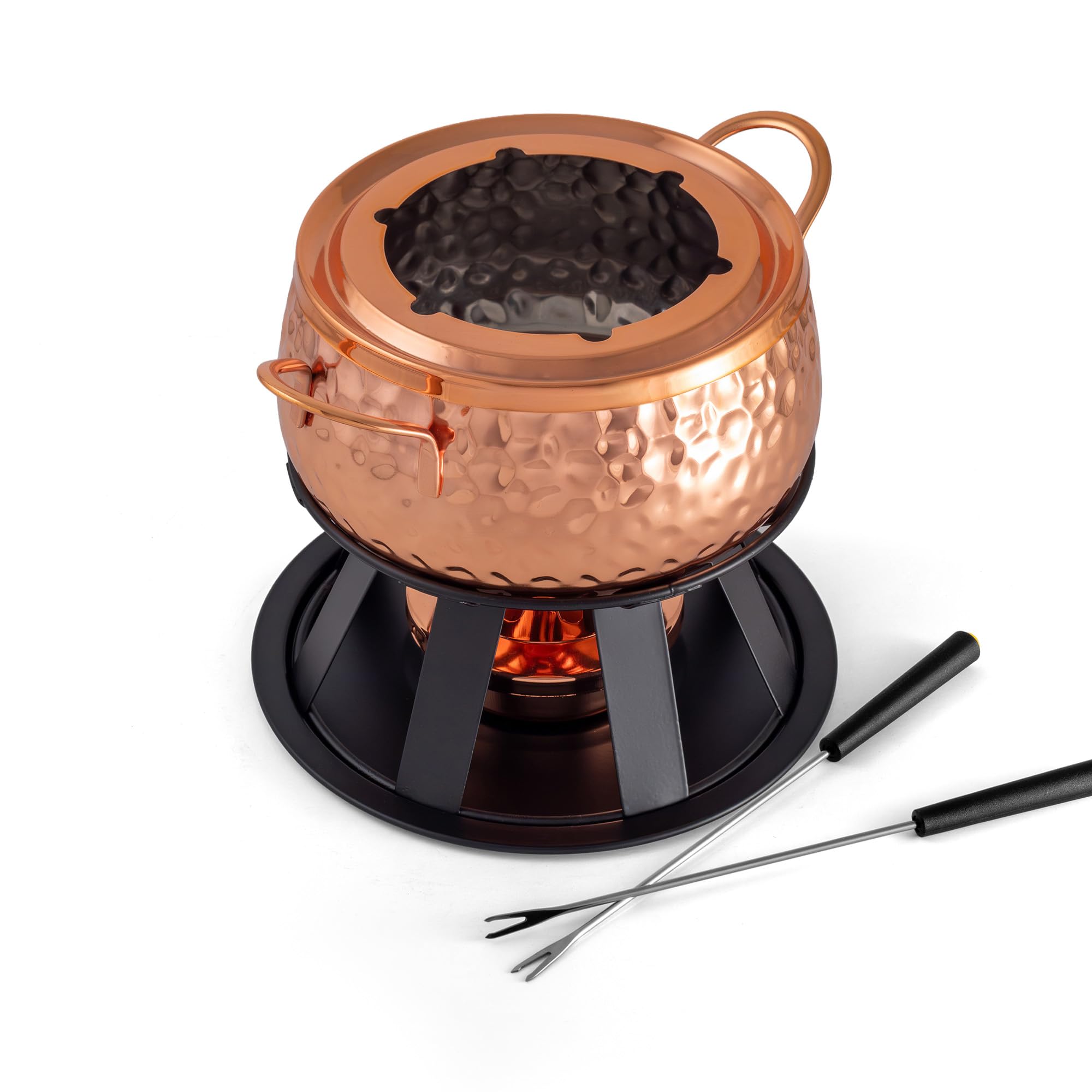 Swissmar Biel 11-Piece Copper-Plated Fondue Set – Hammered Finish – Ideal for Oil & Broth Cooking – Perfect for Entertaining, Kitchen Collections & Wedding Gifts – 2 Liter / 2.1 Quarts