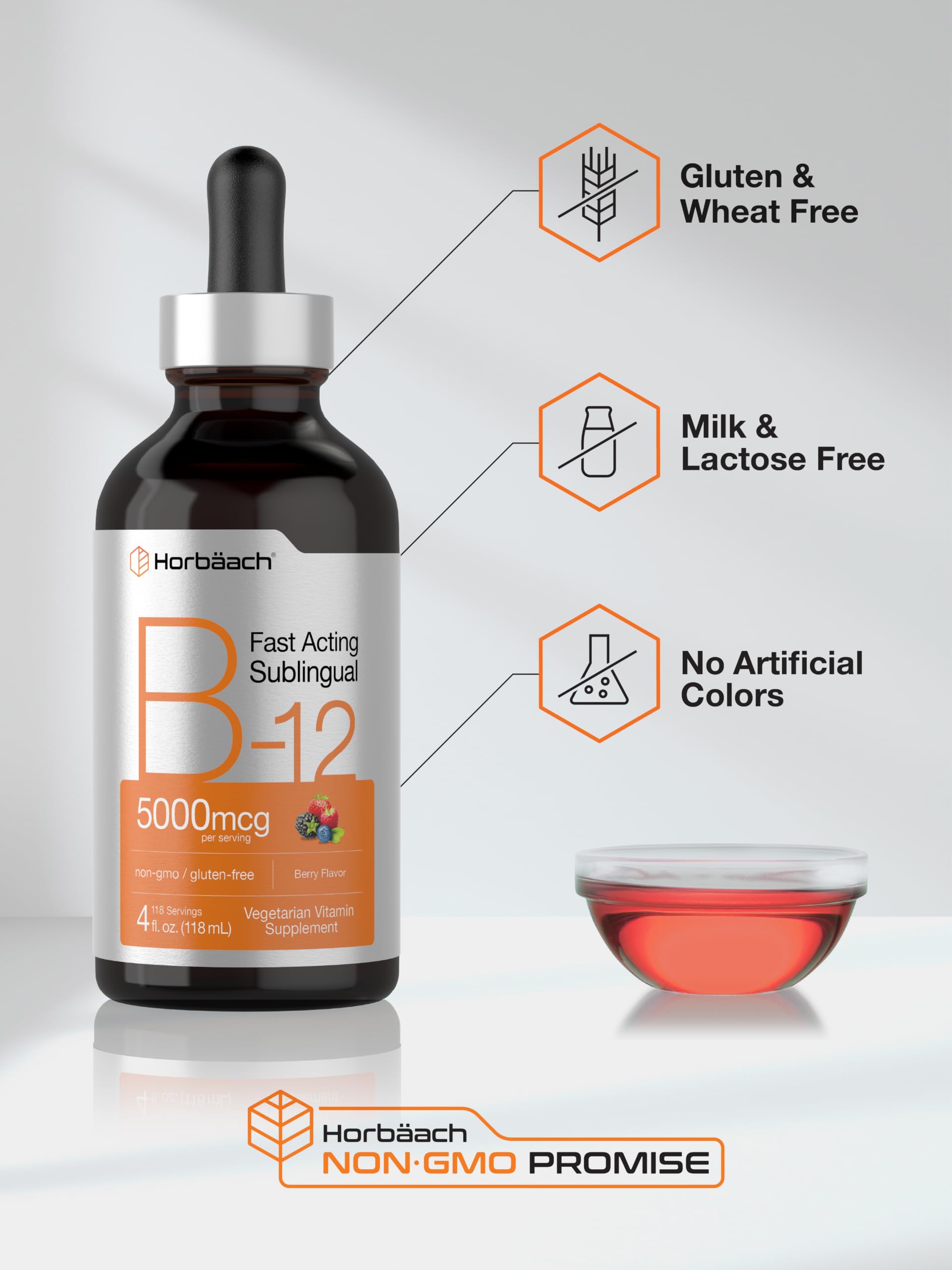 Horbaach B12 Vitamin 5000 mcg Sublingual | 4 Fl Oz | as Methylcobalamin and Cyanocobalamin | Liquid Vegetarian Drops | Berry Flavor | Non-GMO & Gluten Free Supplement — Amazon image 5