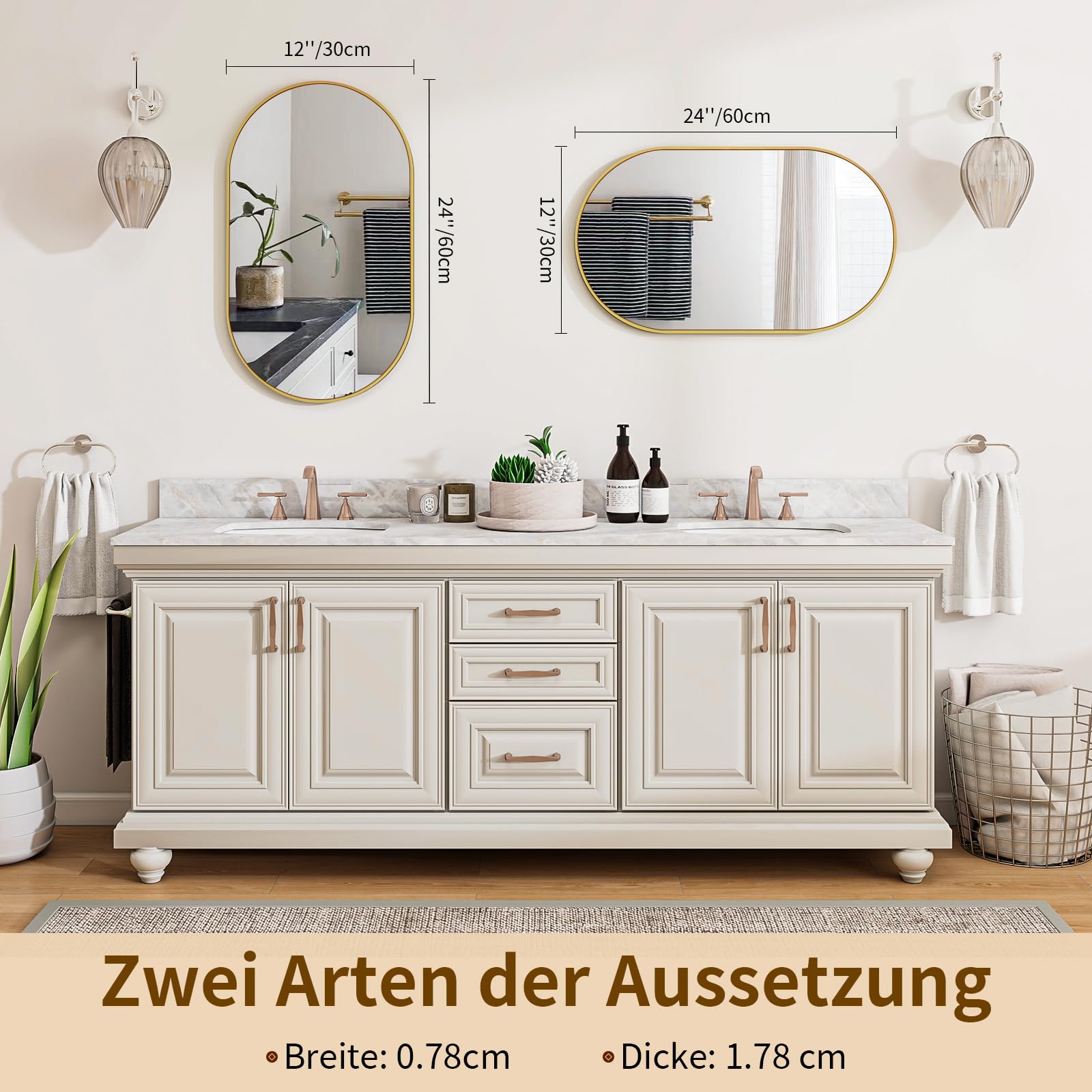 Koonmi Oval Badspiegel Gold, 30 x 60 cm Oval Wandspiegel aus gehärtetem Glas, Eitelkeitsspiegel ohne Verzerrung, horizontal oder vertikal hängend für Schlafzimmer, Eingangsbereich, Wohnzimmer