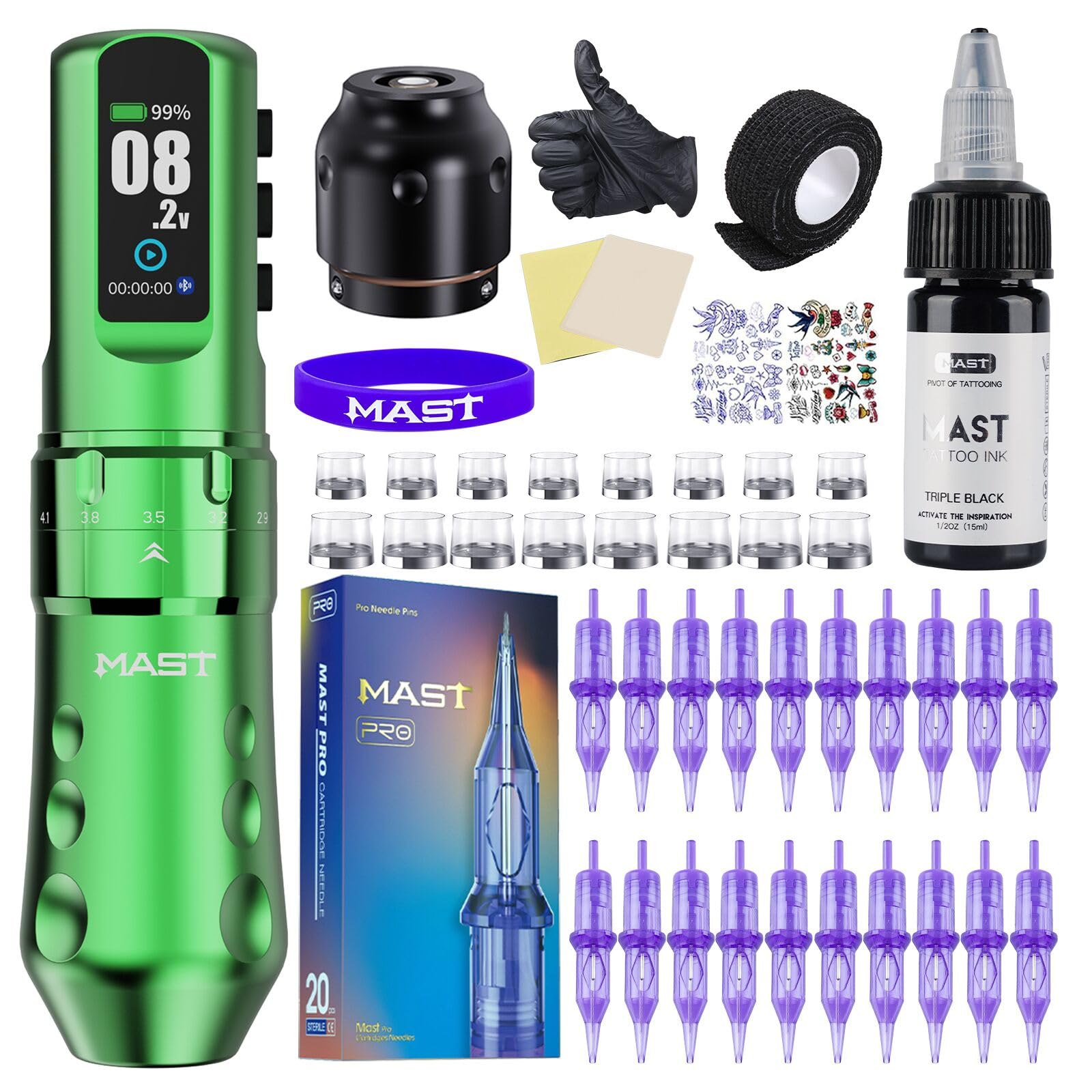 Mast Tattoo Flip4 Pro Tattoo Machine Set Wireless Tattoo Machine 7 Strokes 2.5-4.5mm,2000mAh Battery for Beginners & Professionals (TZWQP-129-2)