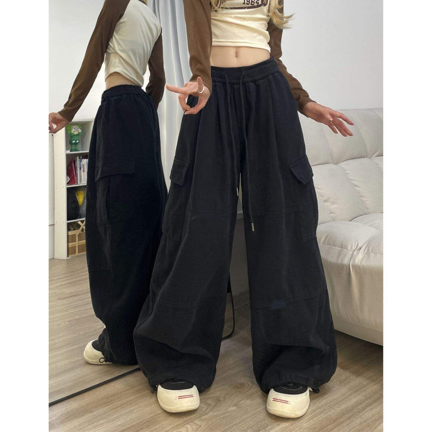 PEAINJ Baggy Cargo Pants for Women Men Y2k Wide Leg Sweatpants High Waisted Drawstring Pants Hip Hop Clothes: Style2 X-Small