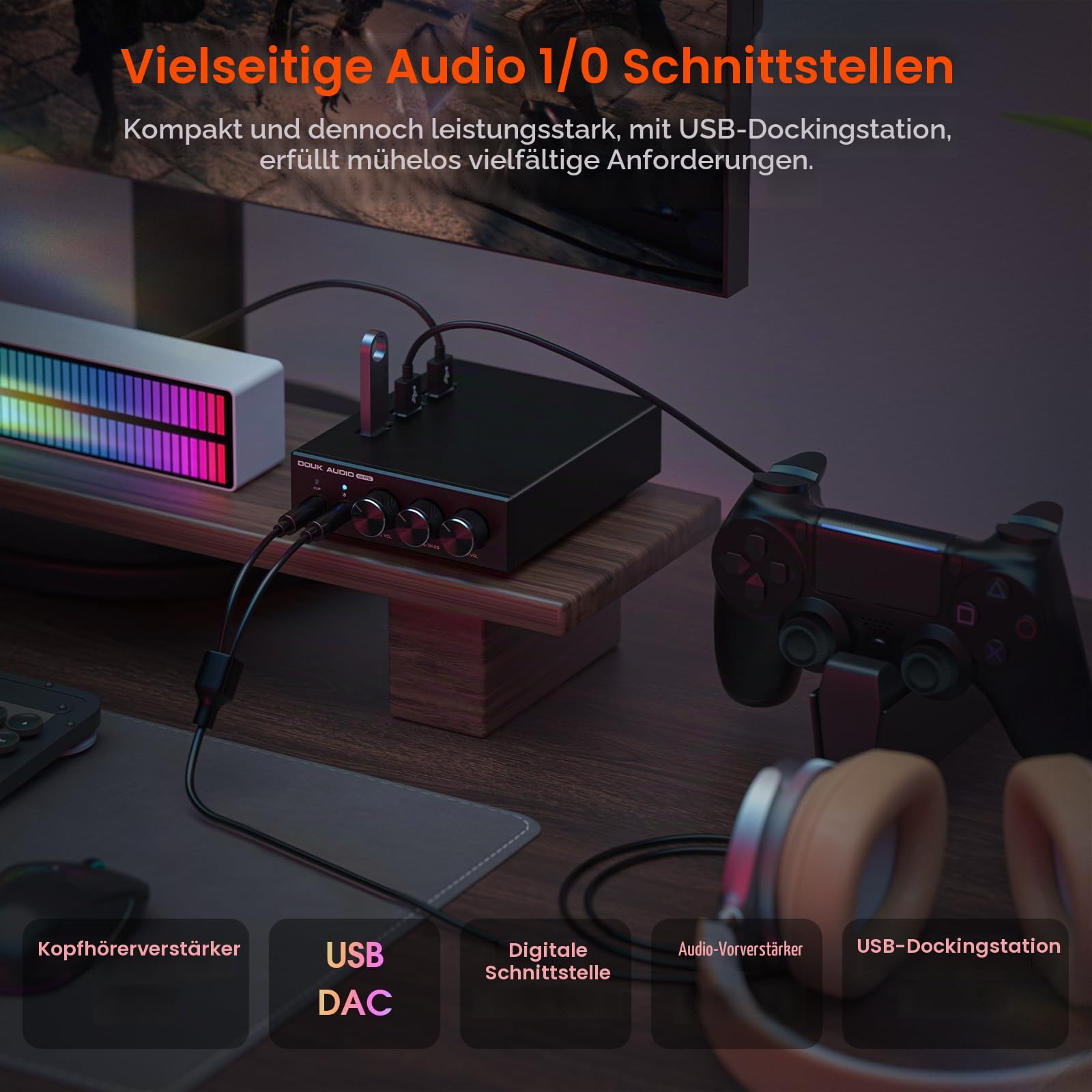 Mini Stereo Gaming DAC mit Mikrofoneingang: Kopfhörerverstärker, USB/Optischer D/A-Wandler, 32-Bit/192 kHz Hochauflösendes Audio für PC, PS4, Xbox, Switch (Douk Audio Q2Pro)