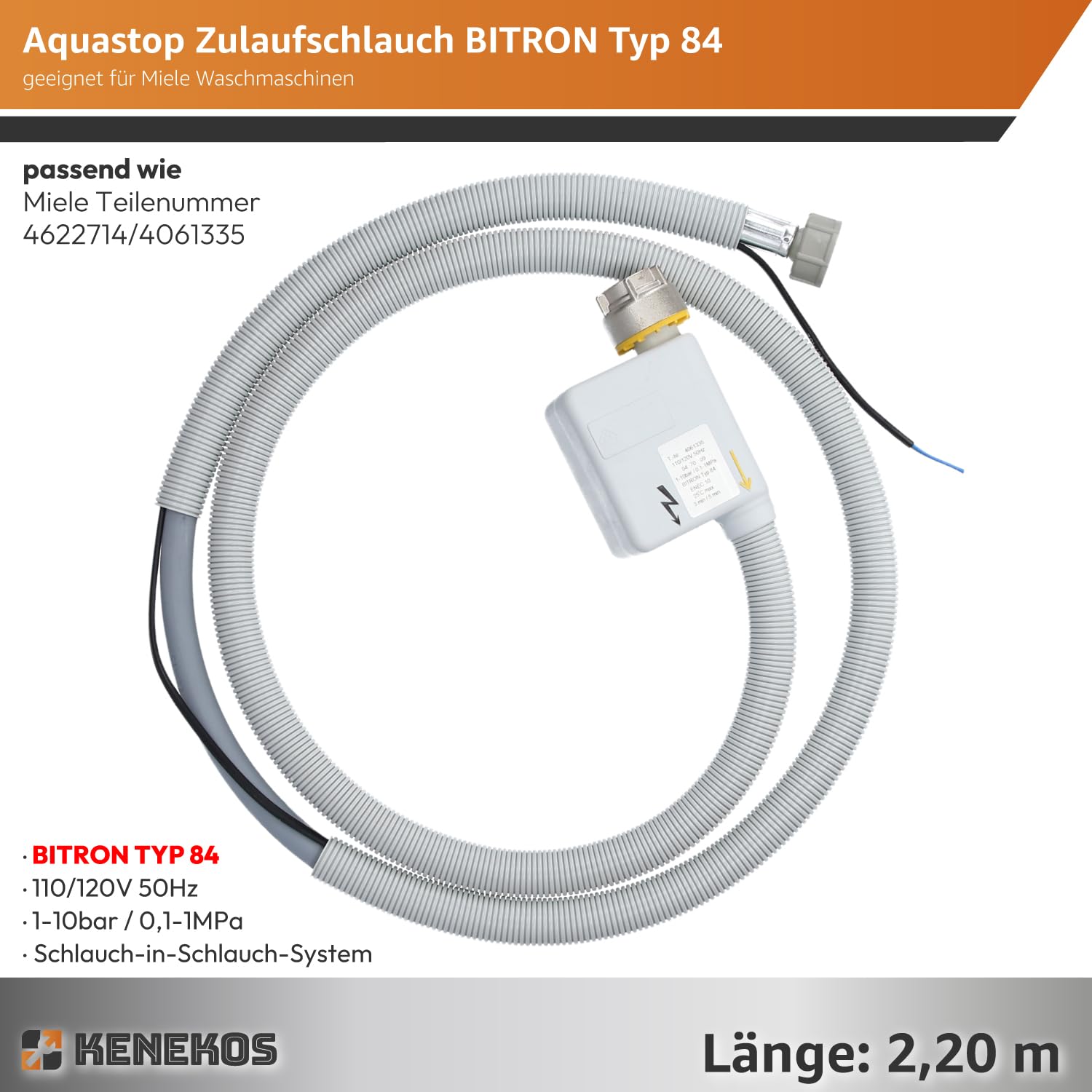 Kenekos - 2,2 m Aquastop Zulaufschlauch BITRON Typ 84 geeignet für Miele Waschmaschine 4622714/4061335, 3/4 Zoll Zulauf Schlauch WPS, Aquastopp Sicherheitszulaufschlauch mit elektrischem Anschluss