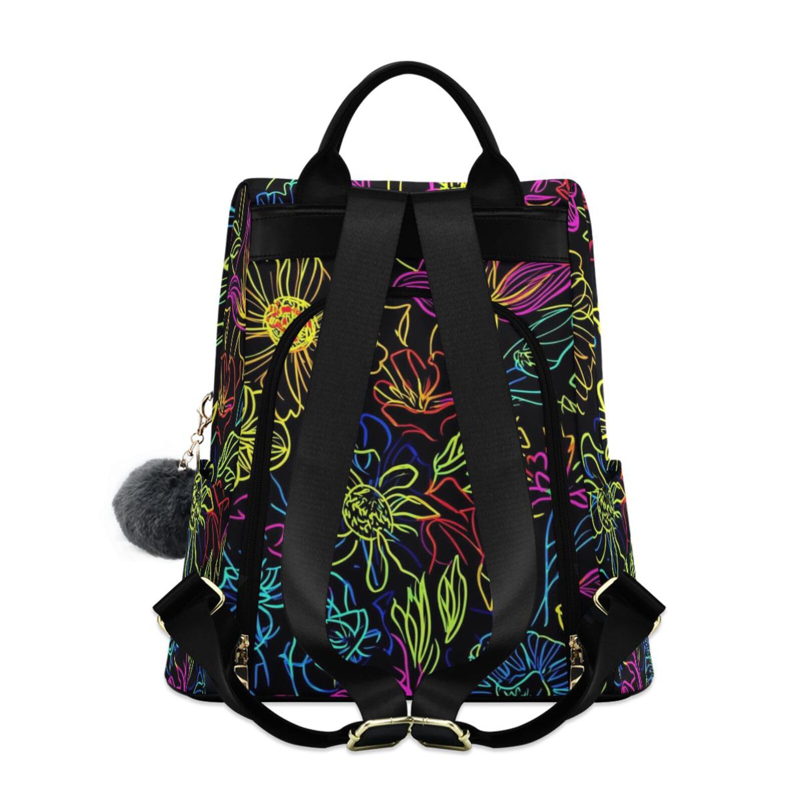 Neon Lined Flower Backpack for Women Anti Theft Large Fashion Travel Shoulder Bag Purse Rucksack Lightweight