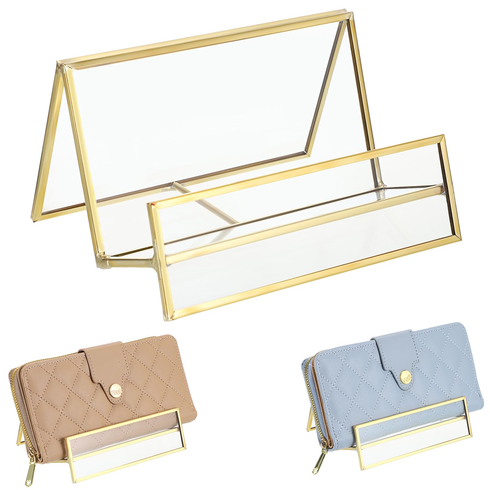 JUXYES Luxurious Wallet Display Stand, Golden Glass Purse Display Holder Modern Handbag Display Rack for Boutique, Retail Countertop Display Stand for Handbags, Purse, Clutches, Wallet