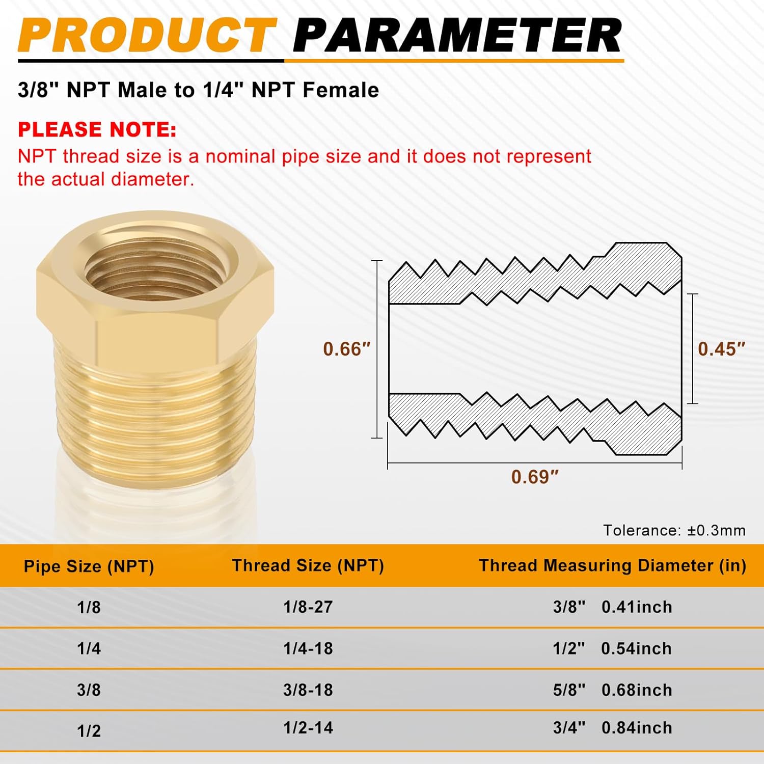 KOOTANS 4pcs Heavy Duty 3/8 NPT Male Thread to 1/4 NPT Female Thread Brass Reducer Hex Bushing Brass Fitting Pipe Hose Tube Adapter Convert