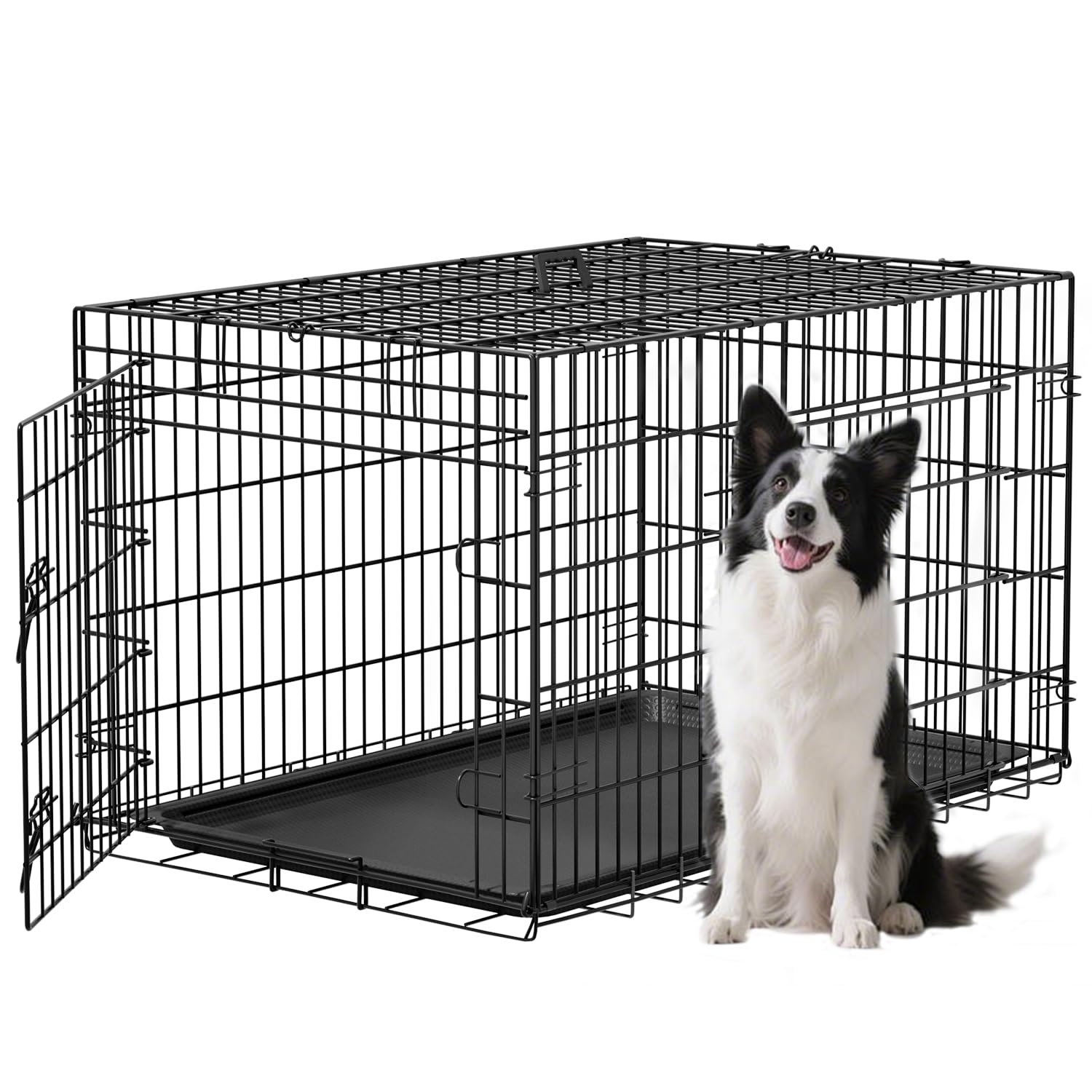 FDW XL Dog Crate 48inch Dog Cage Foldable Metal Kennel with Leakproof Tray Foldable Design Indoor Outdoor Use for Extra Large Dogs,Black