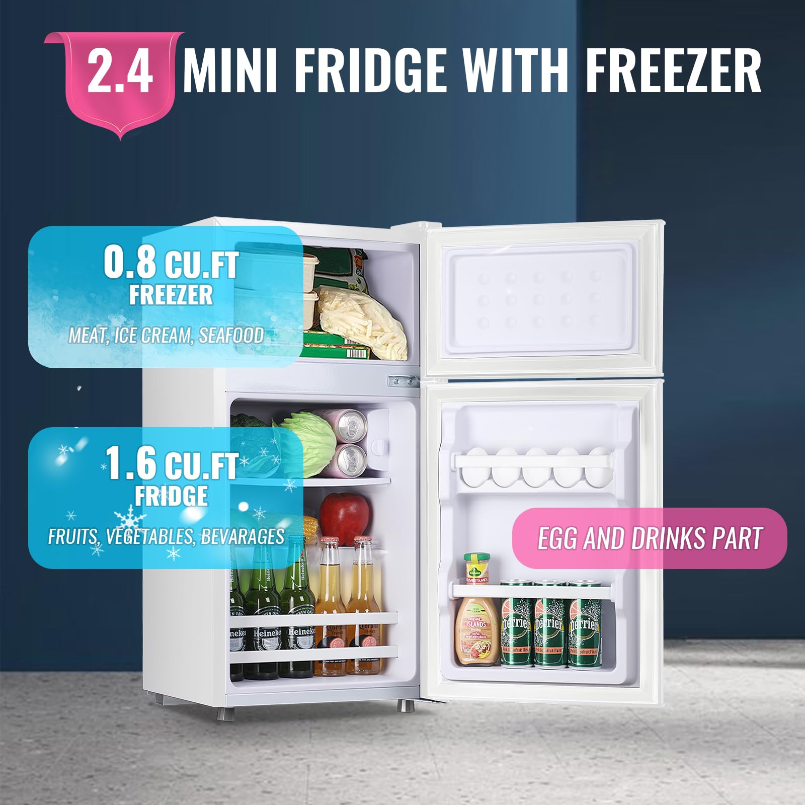 DEMULLER Retro Mini Fridge with Freezer Dual Door Apartment Size Small Refrigerator with Egg Tray, Dorm Fridge with Removable Plastic Shelves, 2.4Cu.ft, 14.96" D x 14.57" W x 30.8" H, White on Fridge.com