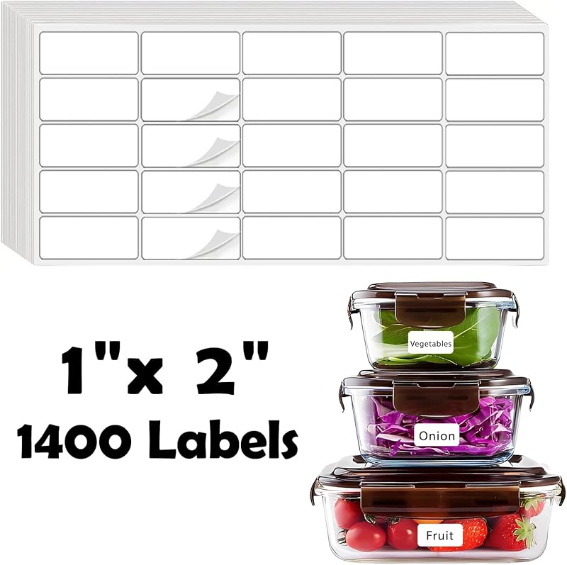 Homrelaxy 1400 etiquetas de congelador extraíbles en blanco de 1.0 x 2.0 in para contenedores de alimentos | Etiquetas para alimentos sin residuos, pegatinas impermeables, resistentes al aceite y a desgarros para tarros, organización de despensa