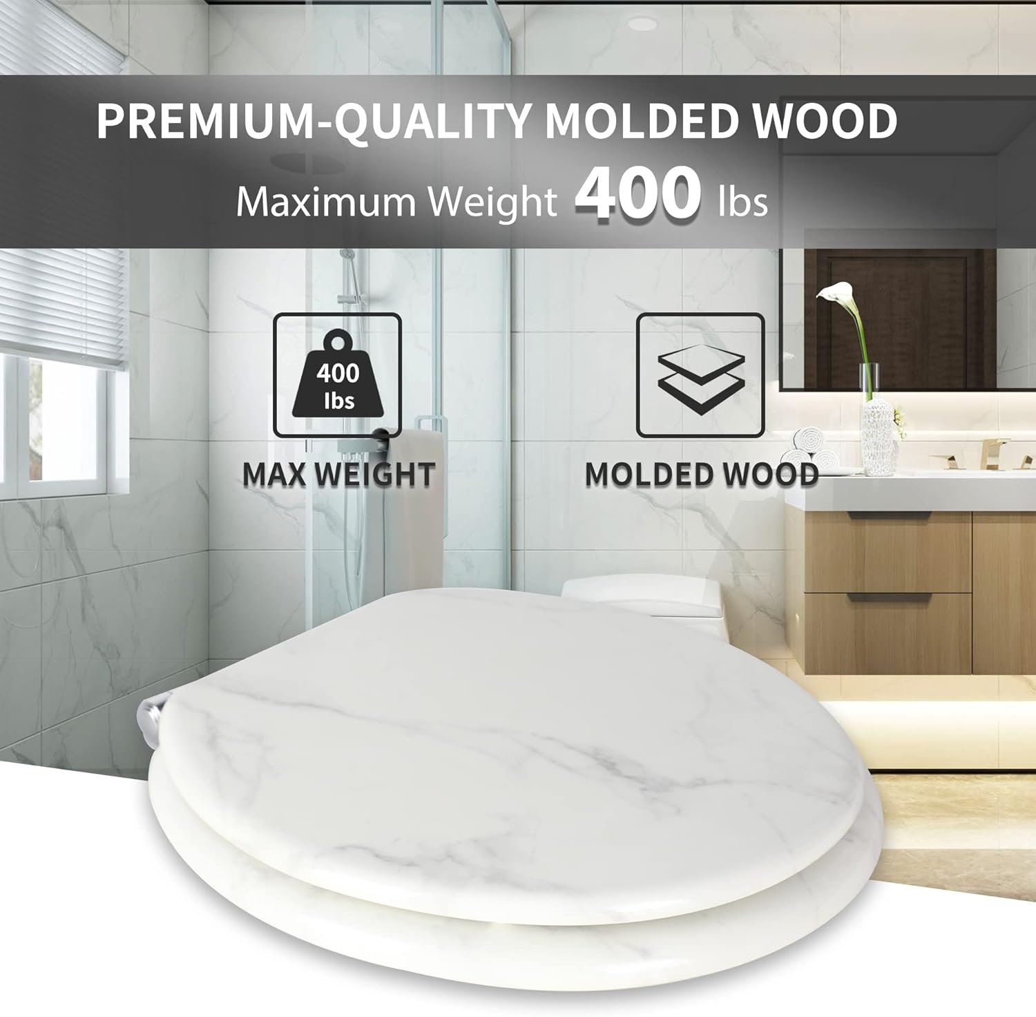 Angel Shield Marble Toilet Seat Durable Molded Wood with Quiet Close,Easy Clean，Quick-Release Hinges (Round,White Marble)