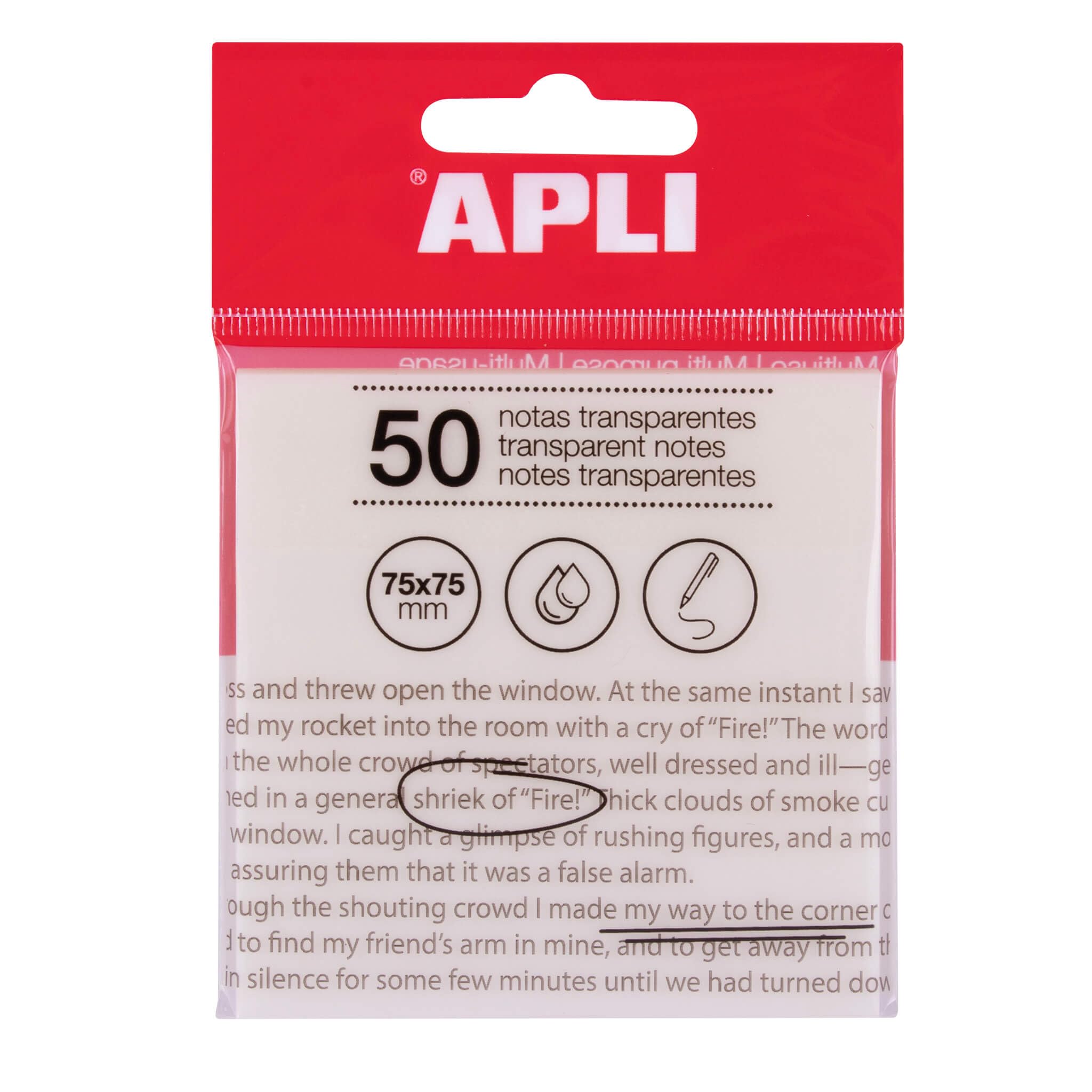 APLI 19568 Transparent Sticky Notes 75 x 75 mm Colour: White 50 Translucent Water Resistant Sheets Ideal for Students and Teachers.