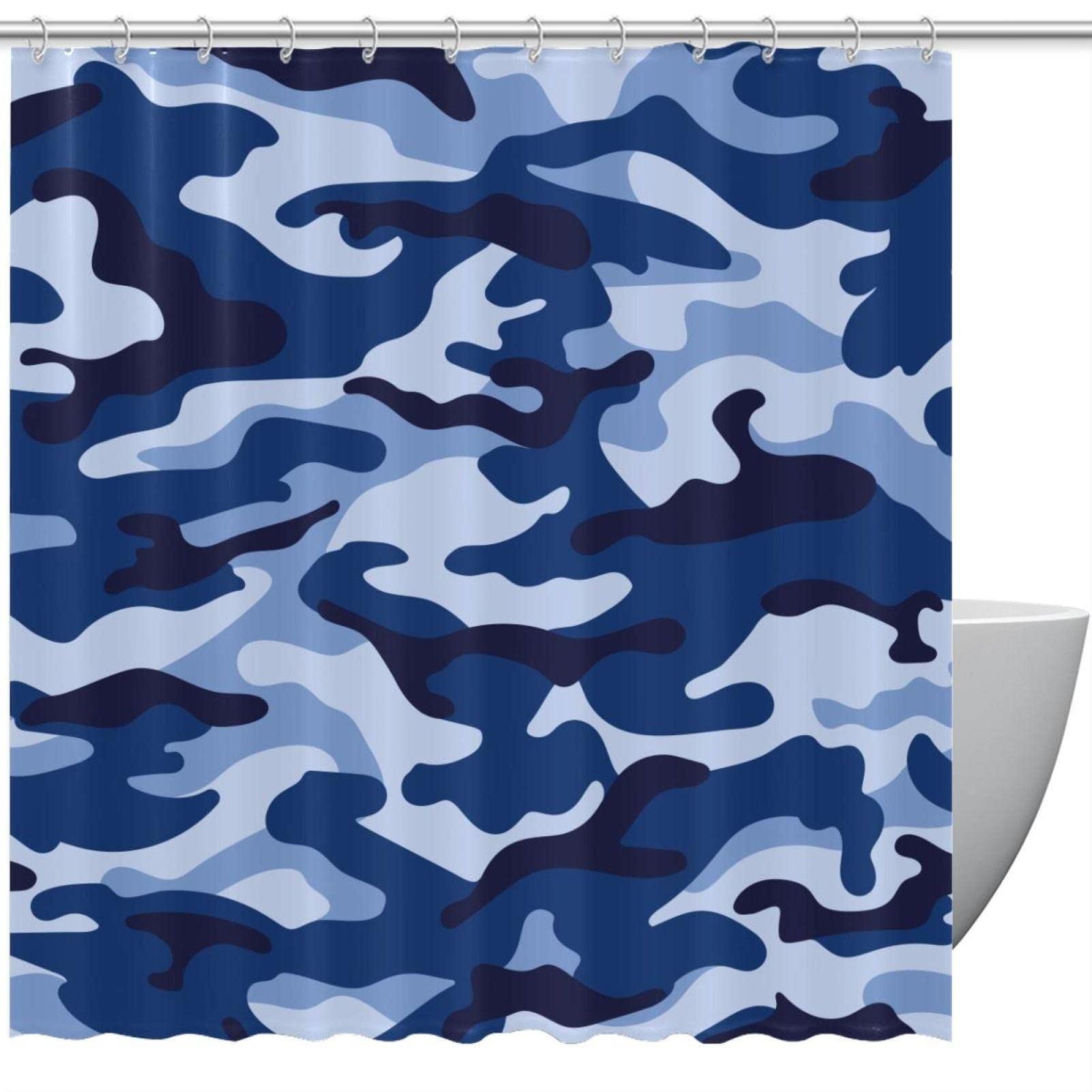 Rideau de douche anti moisissure tissu camouflage bleu marine et gris avec crochets 183cm