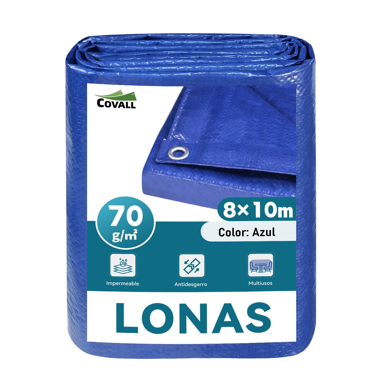 Lona Impermeable Exterior 8x10 m– 70 g/m², Azul, Resistente al Desgarro, con Ojales de Acero – Cubre Piscina Rectangular, Camping, Toldo, Cubretodo Múltiples Usos