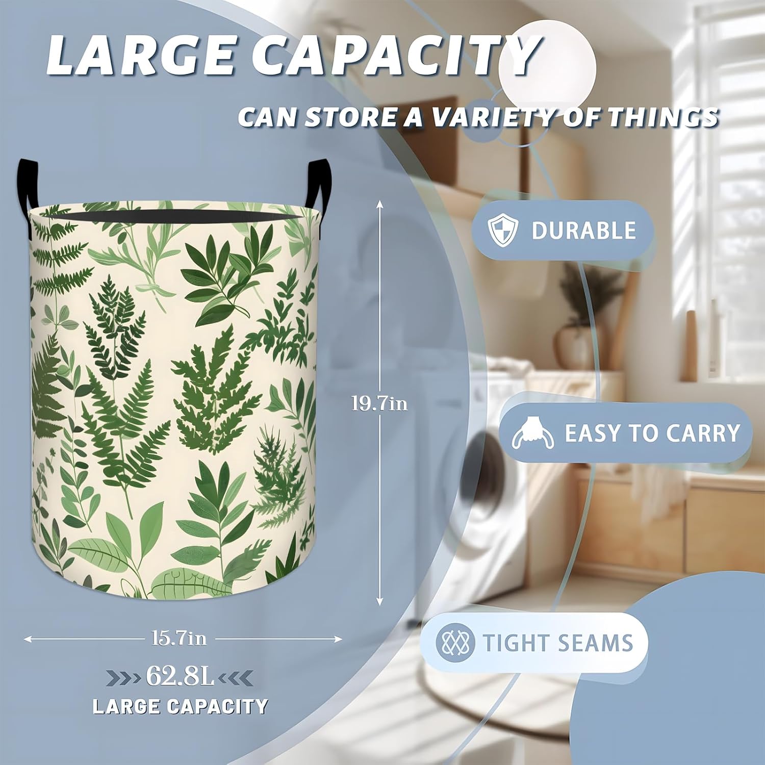 Ferns and Leaves Green Botanical Laundry Basket with Handles, 19.7"x15.7" Clothes Foldable Plant Laundry Hamper Organizer for Dorm Nursery Bedroom Bathroom Decor, Toy Storage Bin for Kids