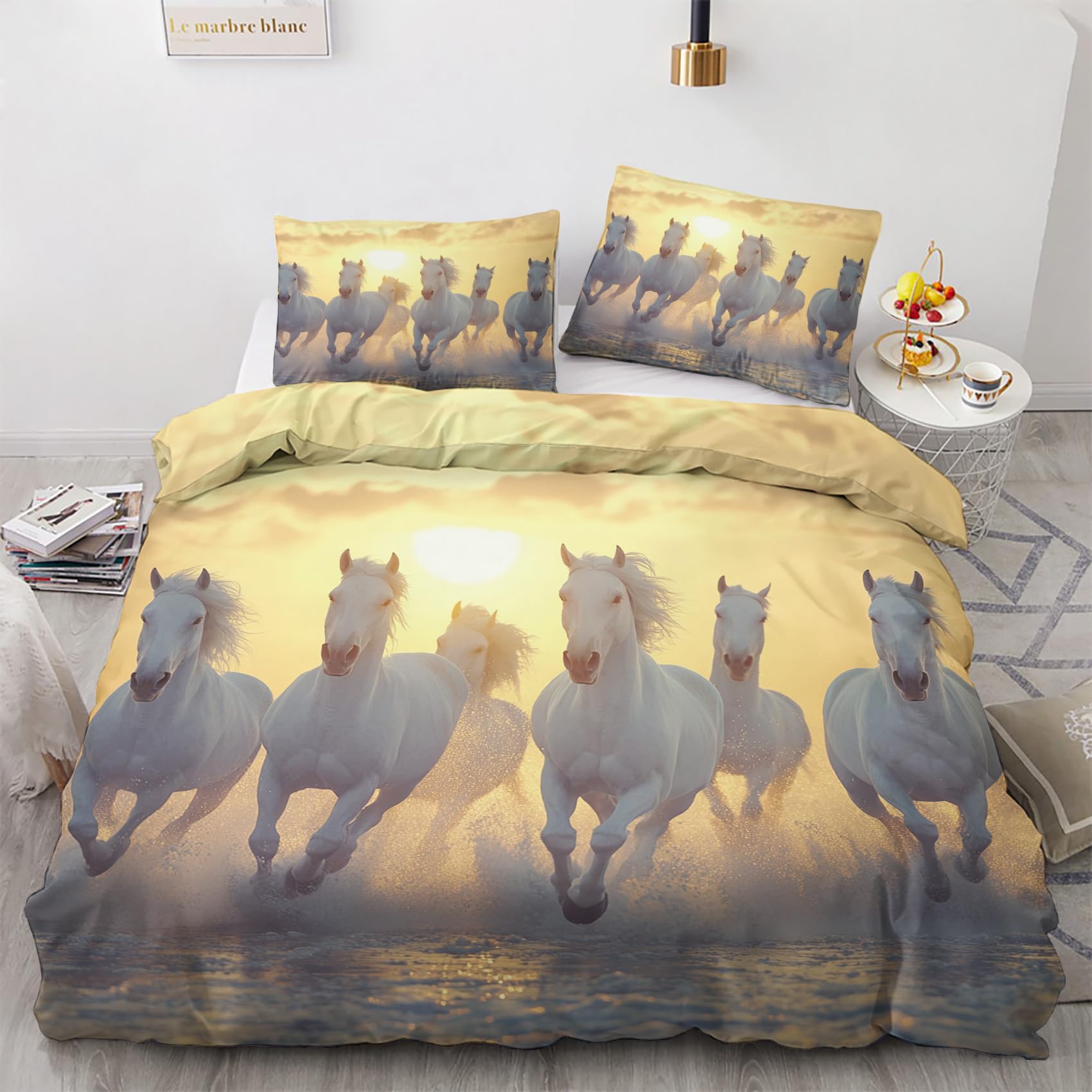 Housse de couette cheval blanc au coucher de soleil pour une chambre évasion nature